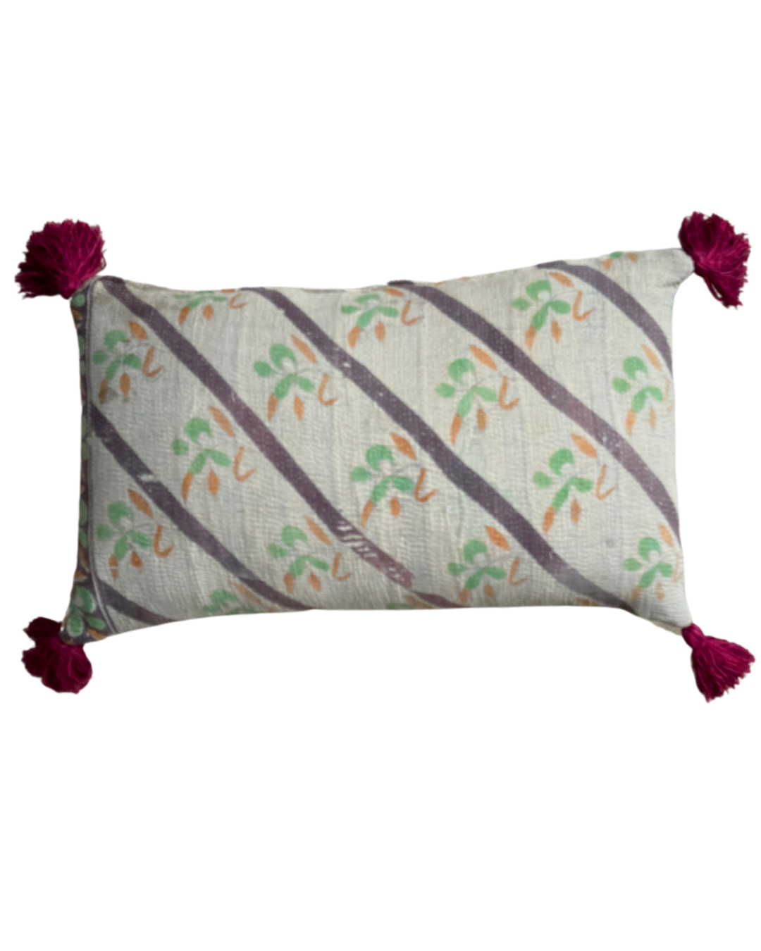 Handmade Purple & Green Kantha Throw Pillow Cover with Pink Tassels - Boho Home Decor for Living Room, Bedroom, or Nursery