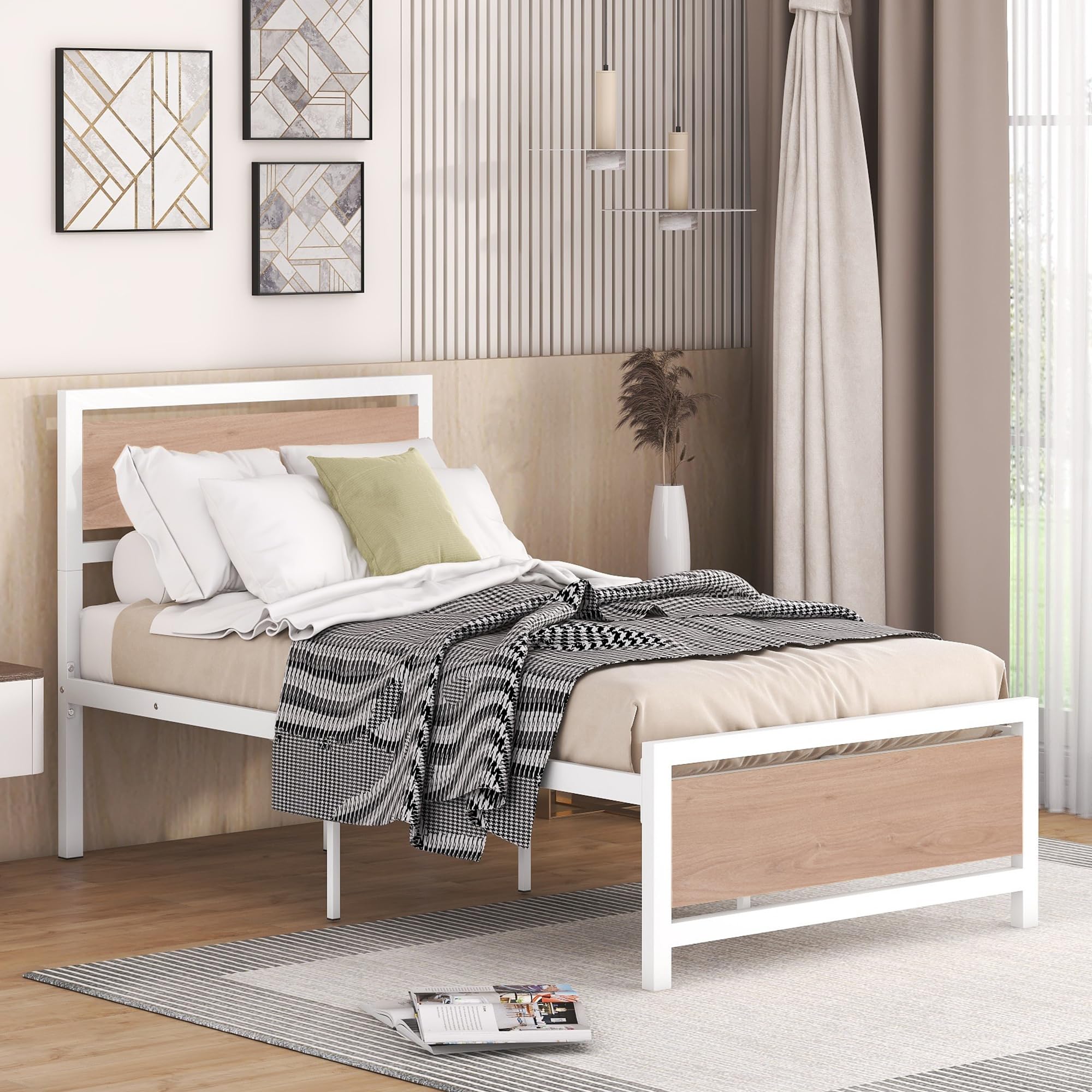 Polibi Twin Size Platform Bed Frame - Sturdy Metal & Wood Construction with Headboard & Footboard - No Box Spring Needed - White - Perfect for Kids Rooms, Guest Bedrooms & Small Spaces