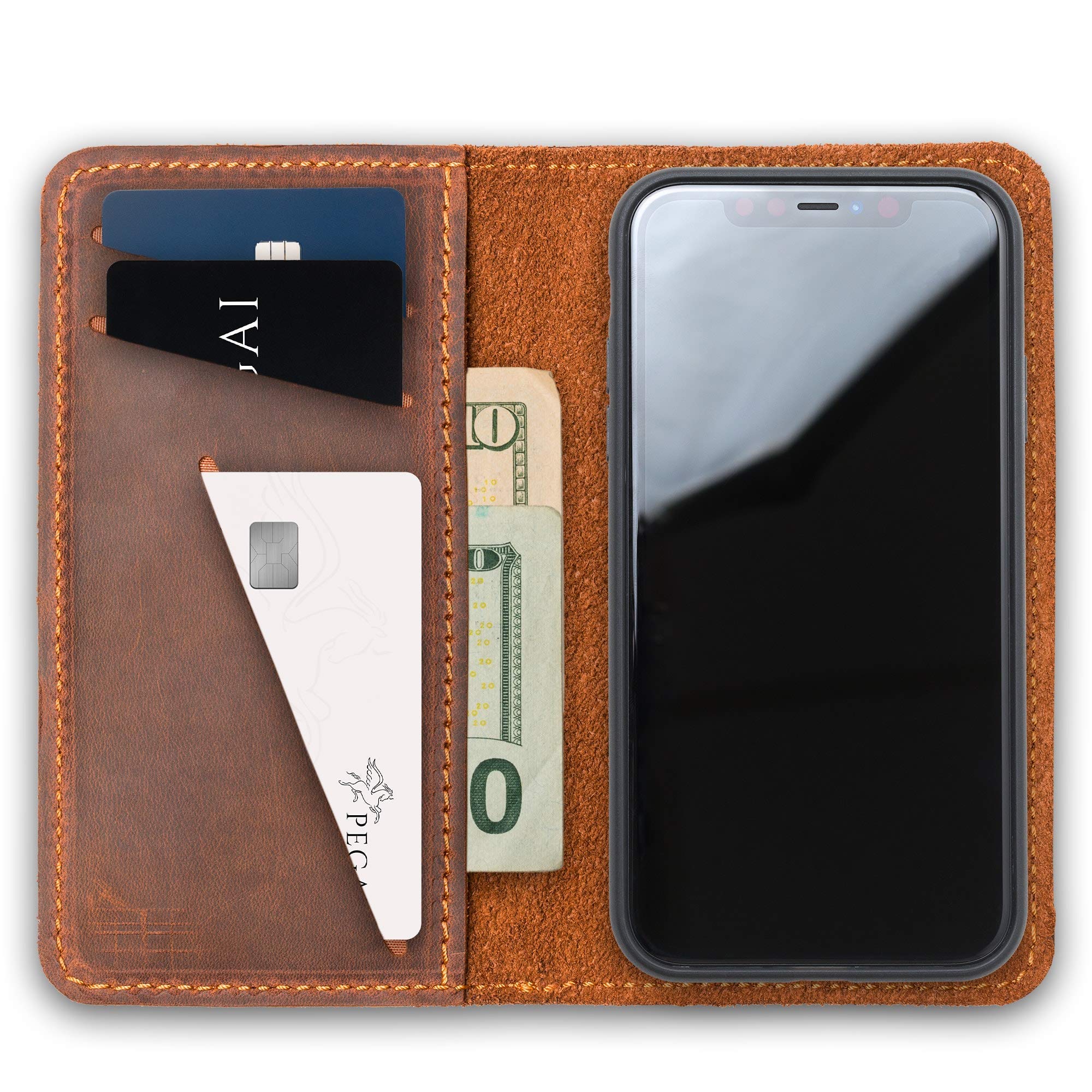 Premium PEGAI Personalized 100% Genuine Leather Wallet Case for iPhone 11 - RFID Blocking Card Holder & Built-in Screen Protector | Handmade Magnetic Protective Phone Cover | McLean Mahogany | Perfect for Business Travel & Everyday Use