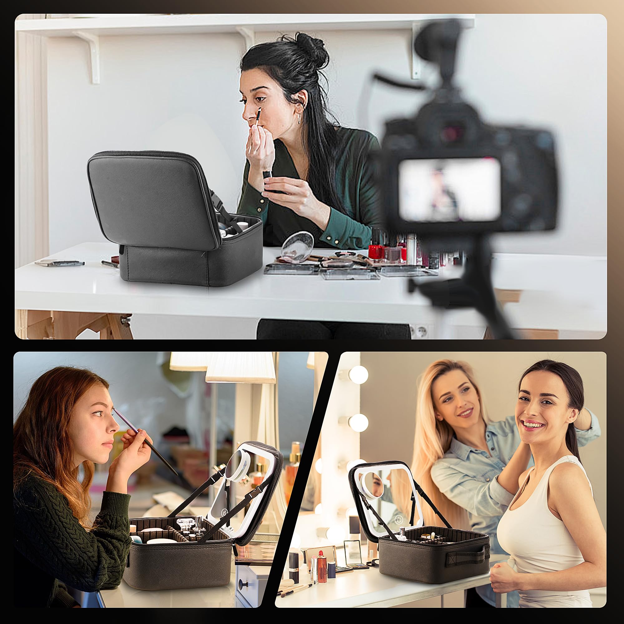 LED Makeup Bag with Mirror - 3 Adjustable Lights & Dividers for Travel & Home