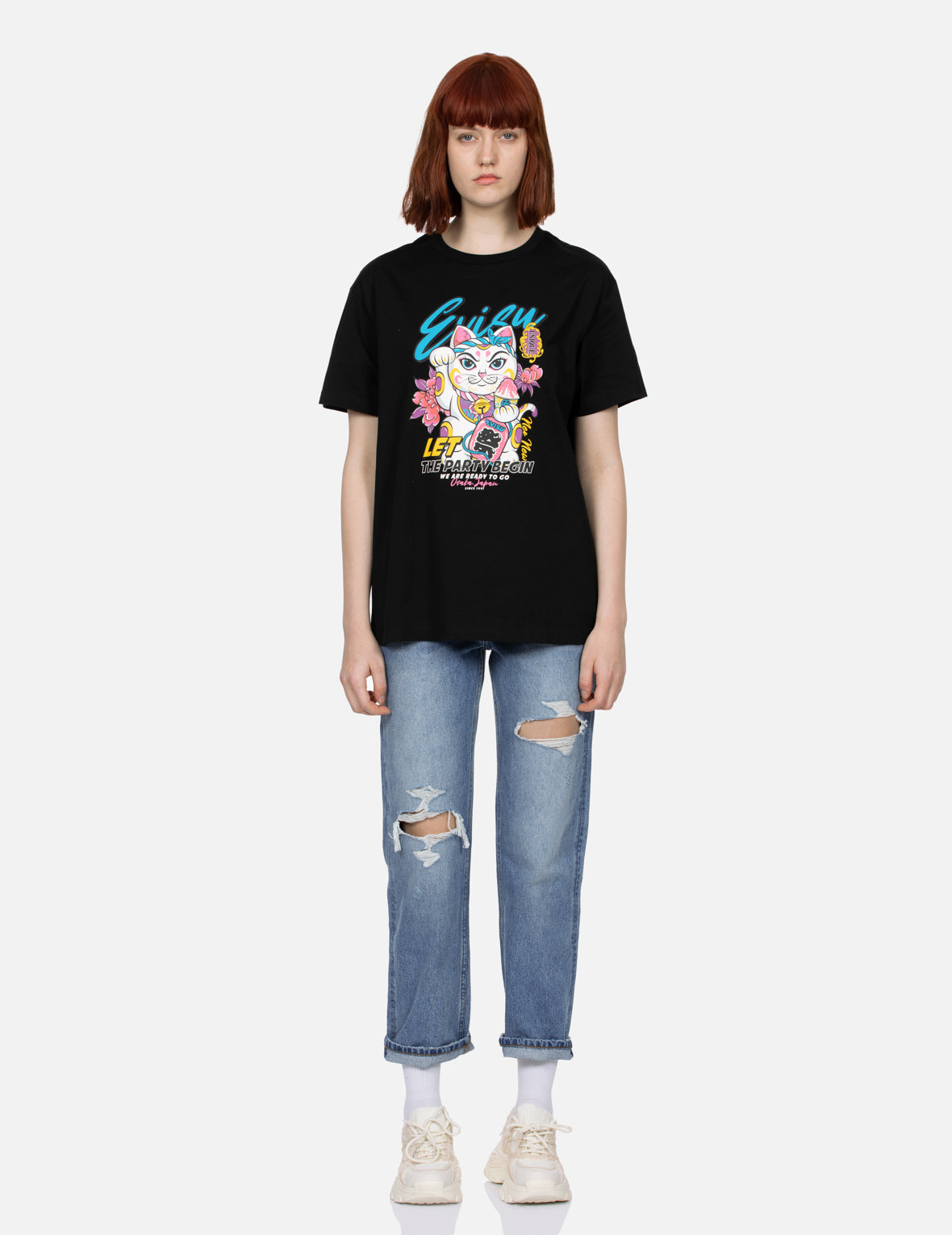Lucky Cat & Floral Print Boyfriend T-Shirt for Women | Cute Casual Graphic Tee | Perfect for Streetwear, Dating & Everyday Outfits