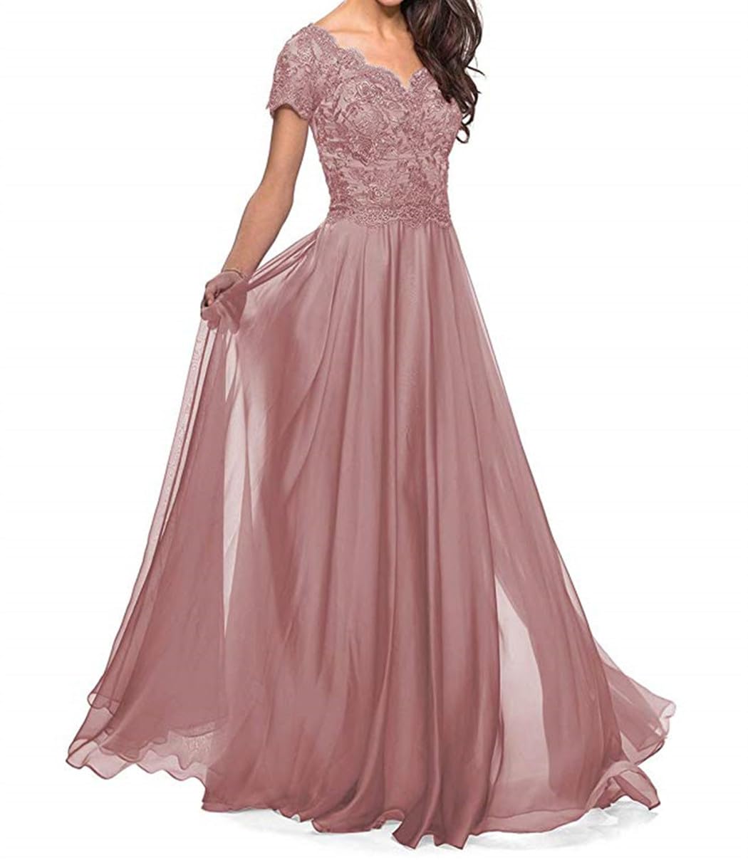 Elegant Lace Appliques Mother of The Bride Dress - Long Chiffon A-Line Short Sleeves Wedding Gown for Women | Perfect for Weddings, Formal Events & Special Occasions