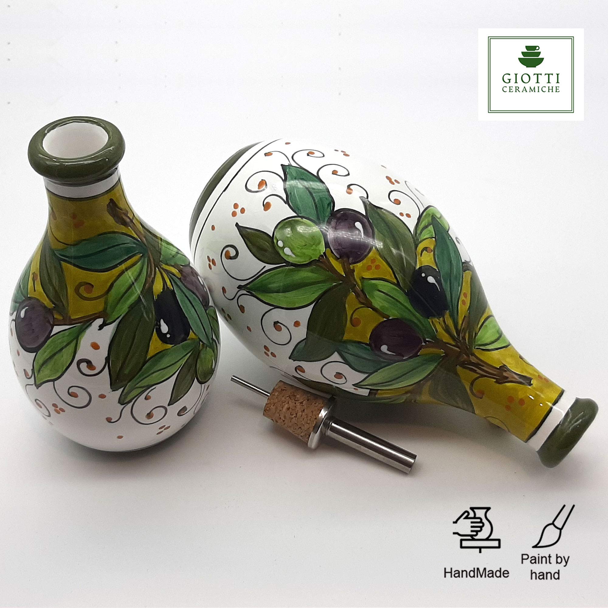 Italian Hand-Painted Ceramic Oil and Vinegar Dispenser Set - Tuscan Olive Design Kitchen Decor - Made in Italy - Perfect for Dining Tables, Kitchen Countertops & Gift Giving