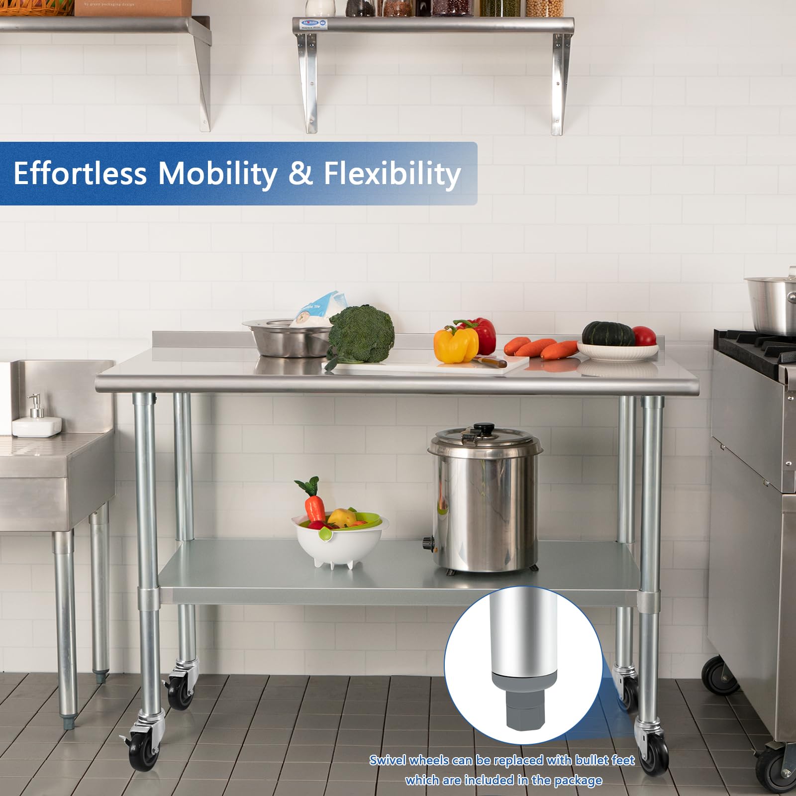 HARDURA 30 x 60 Inch Stainless Steel Commercial Prep Table with Wheels - NSF Certified Heavy Duty Kitchen Work Table with Adjustable Undershelf & 2
