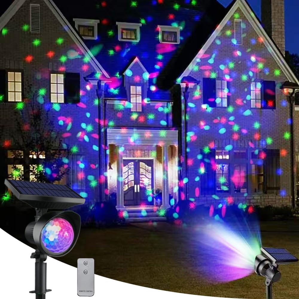 Solar Christmas Projector Lights with Remote Control - Firefly Colorful LED Landscape Lights (Red/Green) IP65 Waterproof for Outdoor Holiday Decor - Perfect for Xmas Yard, Party & Winter Festival Decorations