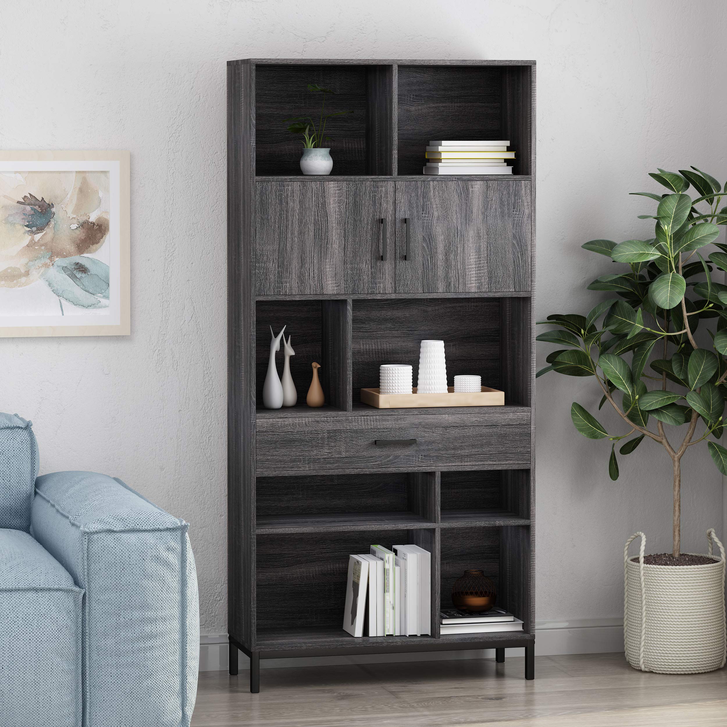 GDFStudio Contemporary Faux Wood Cube Unit Bookcase - Dark Gray & Black Storage Shelf for Living Room, Bedroom, Office | Modern Bookshelf & Display Organizer