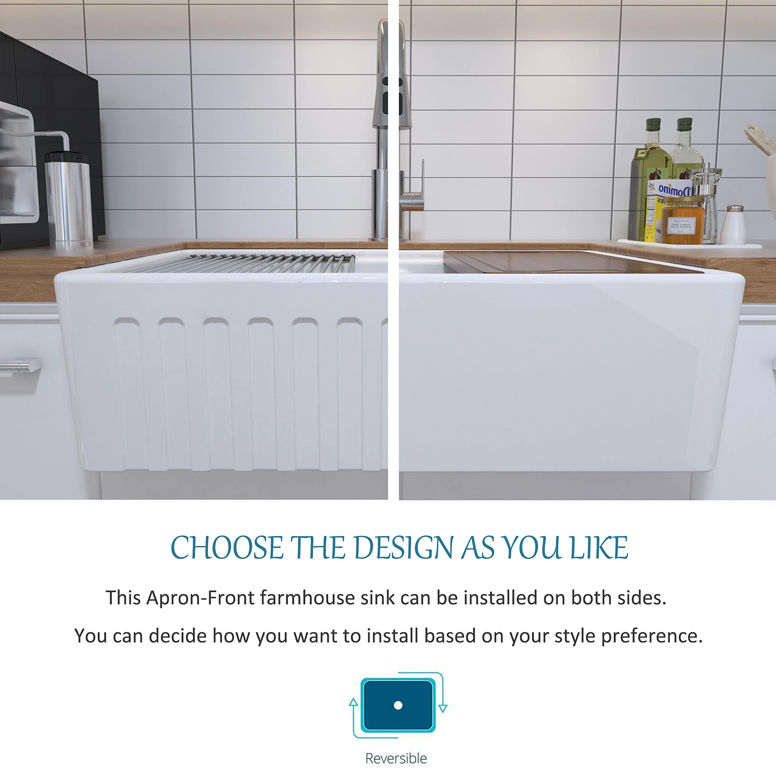 MEJE #KS 33x20 Inch 50/50 Double Bowl Ceramic Farmhouse Kitchen Sink with Apron-Front Design, Step Rim Workstation, Cutting Board, Grid & Strainer - White | Perfect for Modern Farmhouse, Rustic & Country Style Kitchens