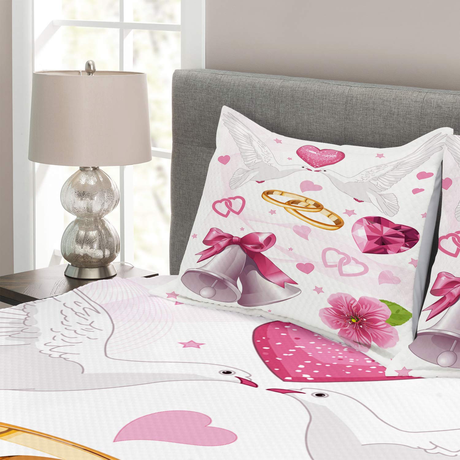 Ambesonne 3-Piece King Size Wedding Bedspread Set with 2 Pillow Shams - Romantic Hearts, Rings & Birds Design in Pink, White & Orange - Perfect for Bridal Showers, Honeymoon Suites & Anniversary Gifts