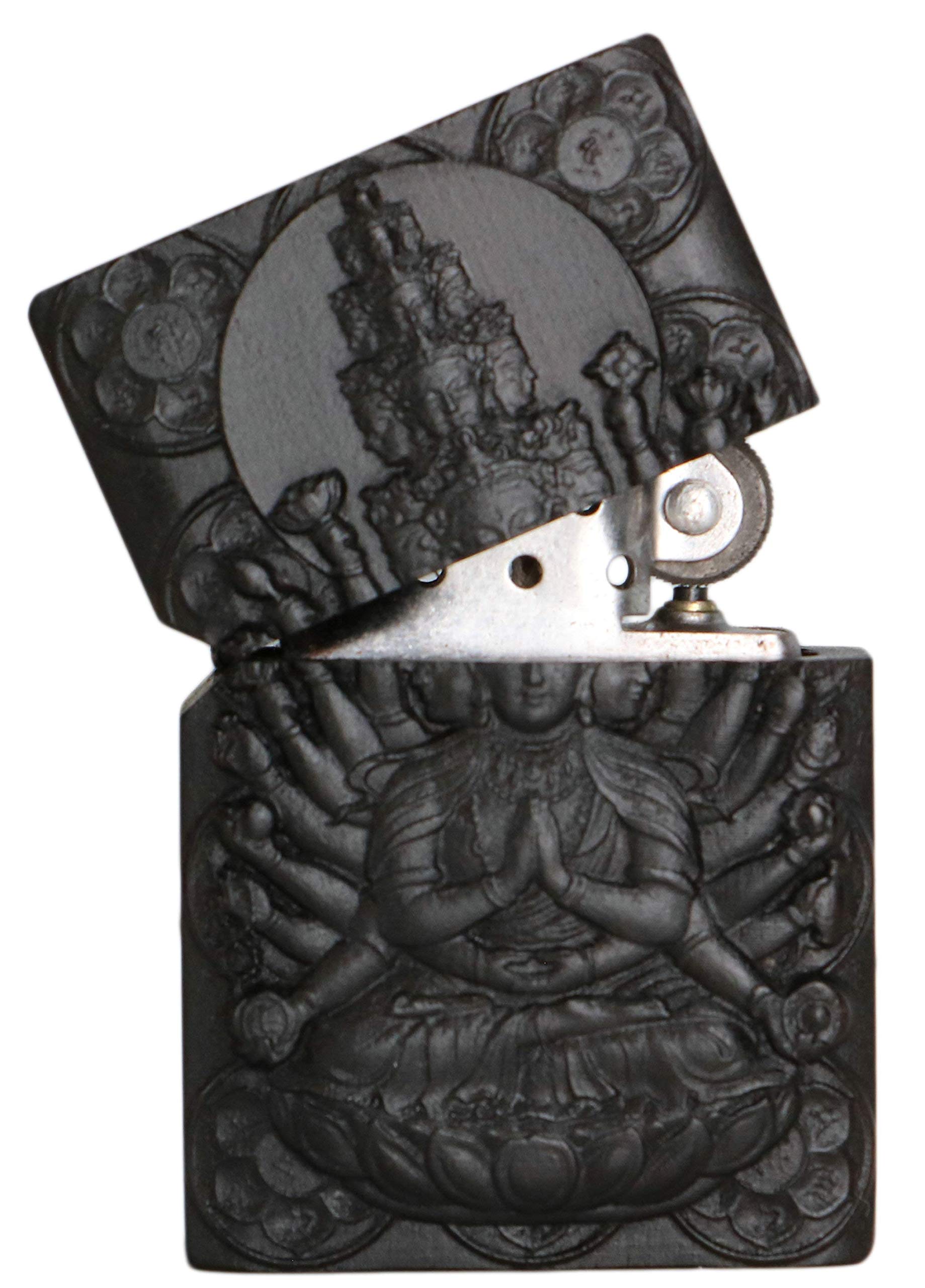 Natural Ebony Black Wood Carved Zippo Lighter Case Insert Kit - 1000 Arms Avalokiteshvara Goddess Design #3 | Perfect for Collectors, Gifts & Everyday Carry