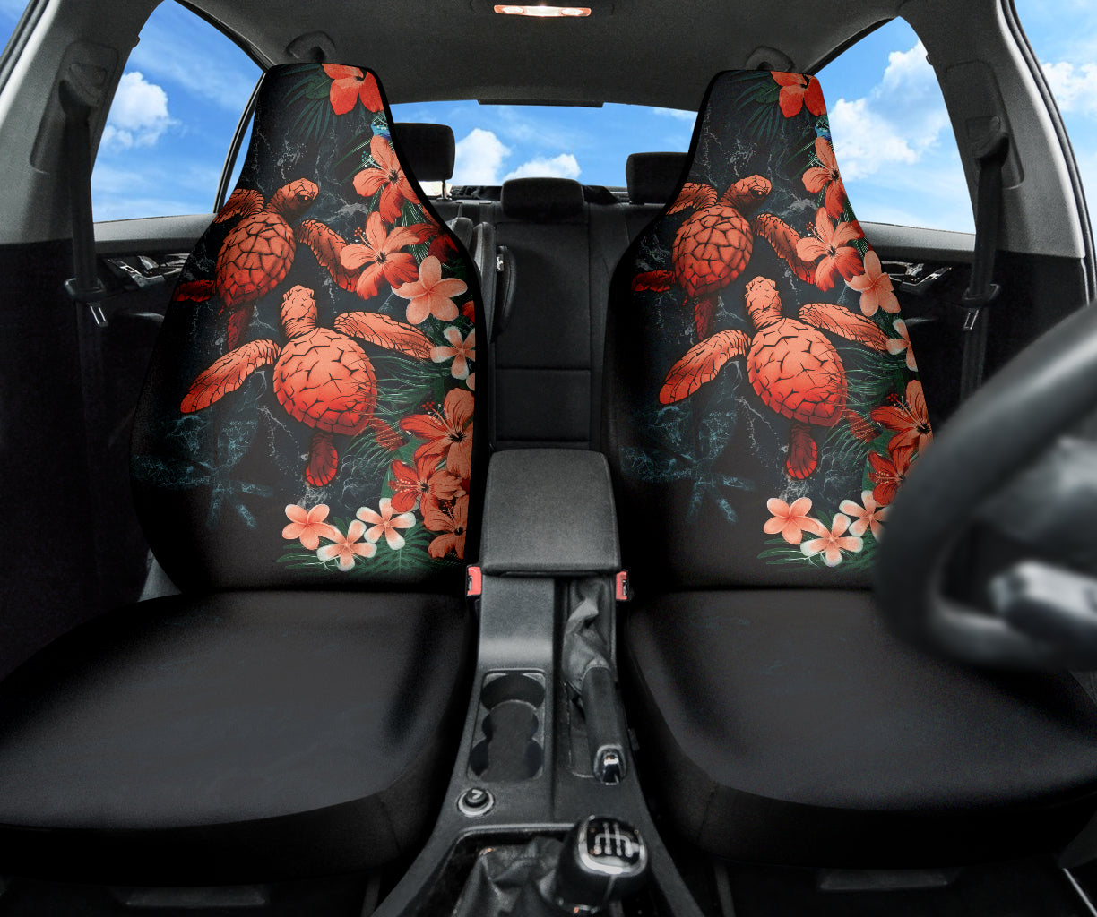 Premium Hawaiian Sea Turtle & Tropical Hibiscus Plumeria Flower Car Seat Covers - Breathable Universal Fit for Cars, Trucks & SUVs - Perfect for Beach Trips, Summer Road Travel & Tropical Theme Decor