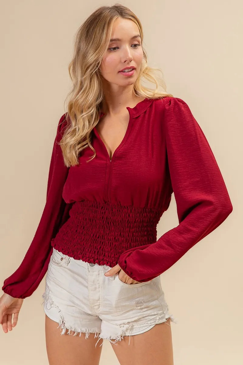 BiBi Smoking Waist Band & Puff Sleeves Deep V Neck Top - Sexy Women's Blouse for Night Out, Party & Date Night