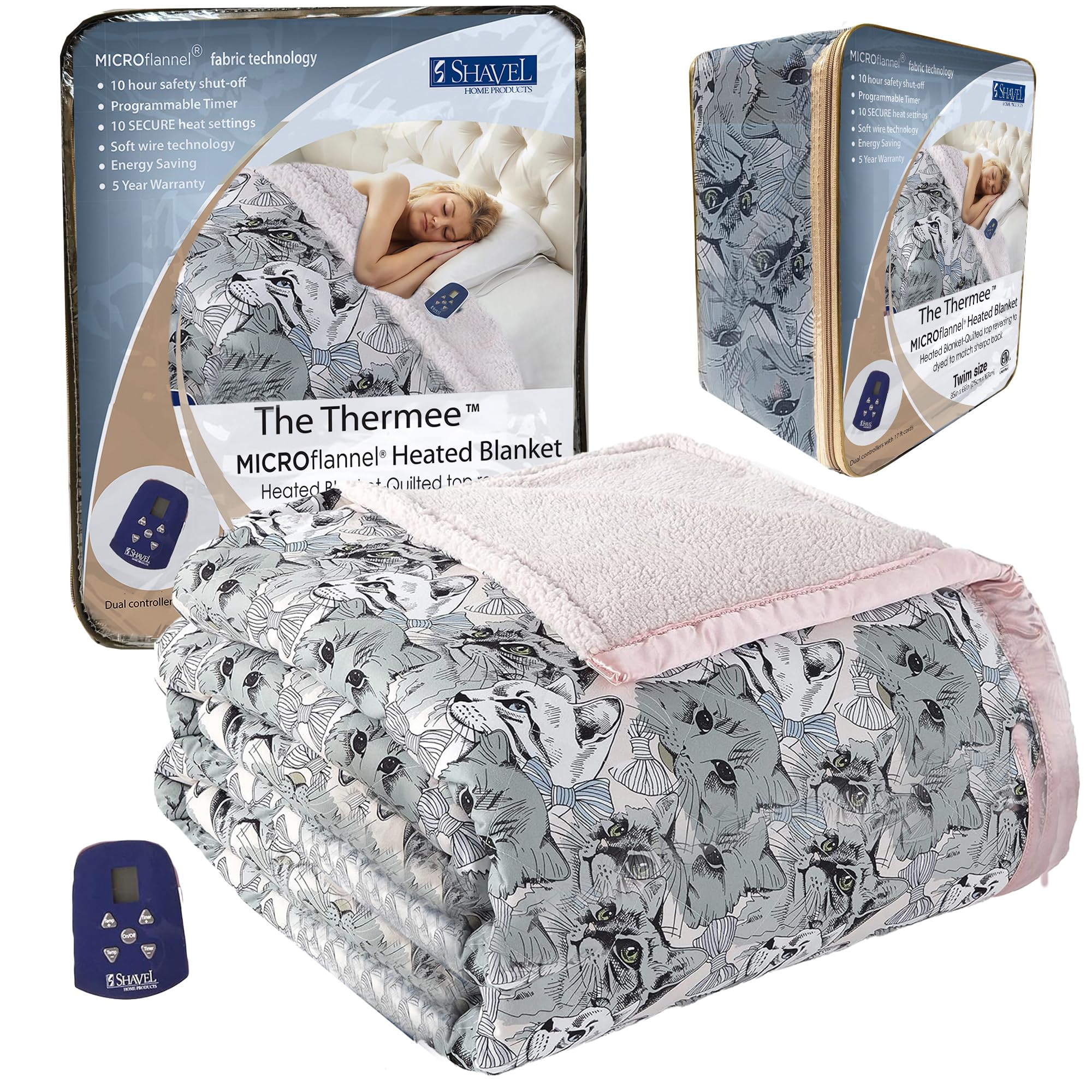 Thermee Micro Flannel Heated Blanket with Sherpa Back - 10 Heat Settings Electric Blanket Twin Size, Programmable Fast Heating Throw Blanket for Bed, Sofa & Office - Ultra Soft Thermal Blanket with Cat Design - Perfect for Winter Nights, Movie Time & Pet Cuddles