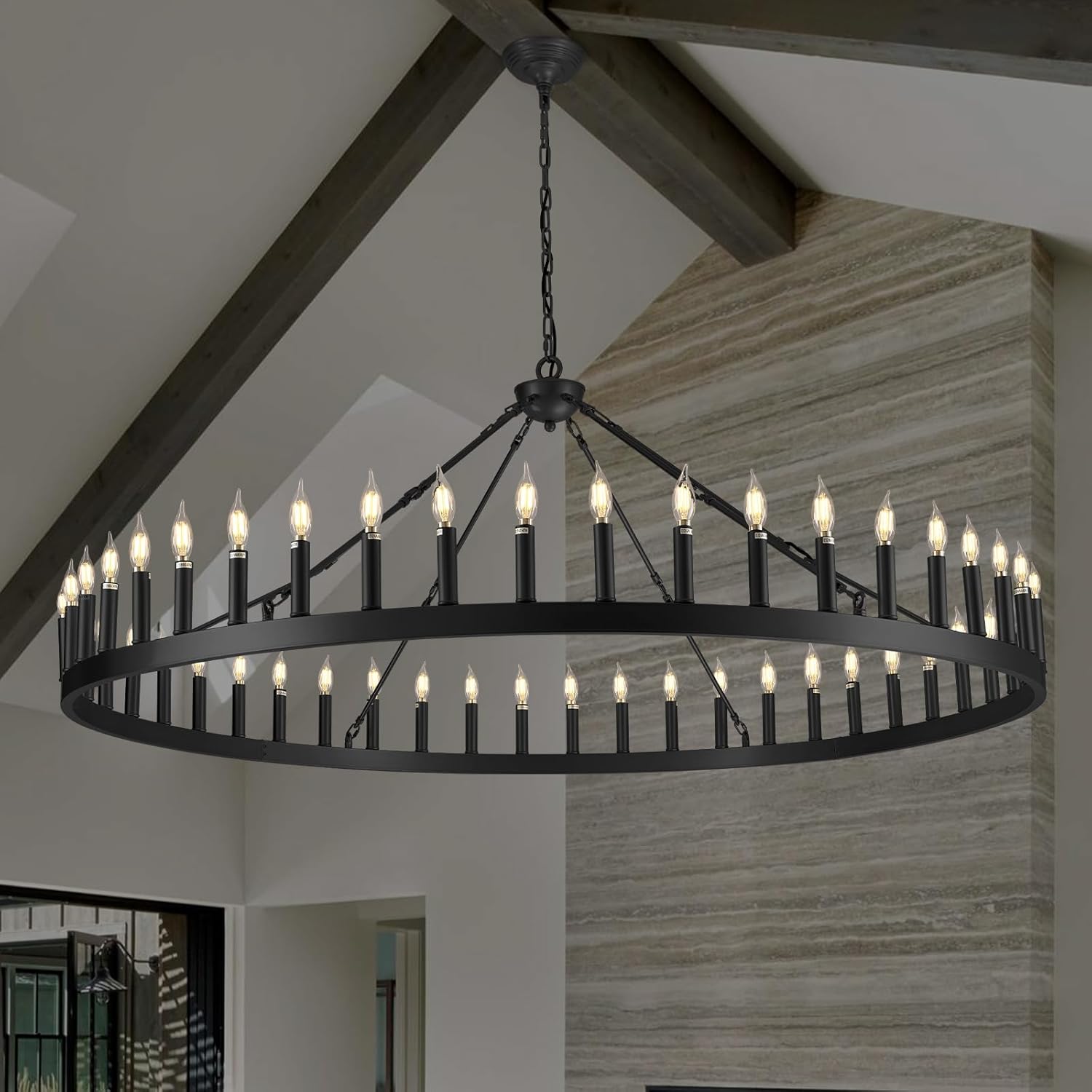 64 Inch Wagon Wheel Chandelier - Rustic Farmhouse Ceiling Light Fixture for Dining Room, Living Room & Bedroom Decor
