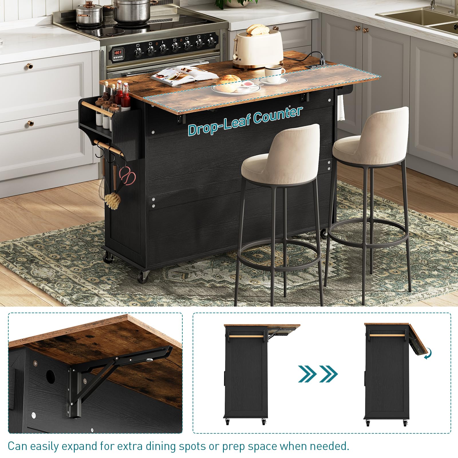**Black & Rustic Brown Kitchen Island Cart with Drop Leaf, 3 Drawers, Towel Rack, Spice Rack & USB Charging Station – Mobile Storage Table for Small Spaces, Breakfast Bar & Kitchen Organization**    *(Use Cases: Perfect for small kitchens, meal prep, extra counter space, breakfast nook, or as a portable serving cart for entertaining.)*