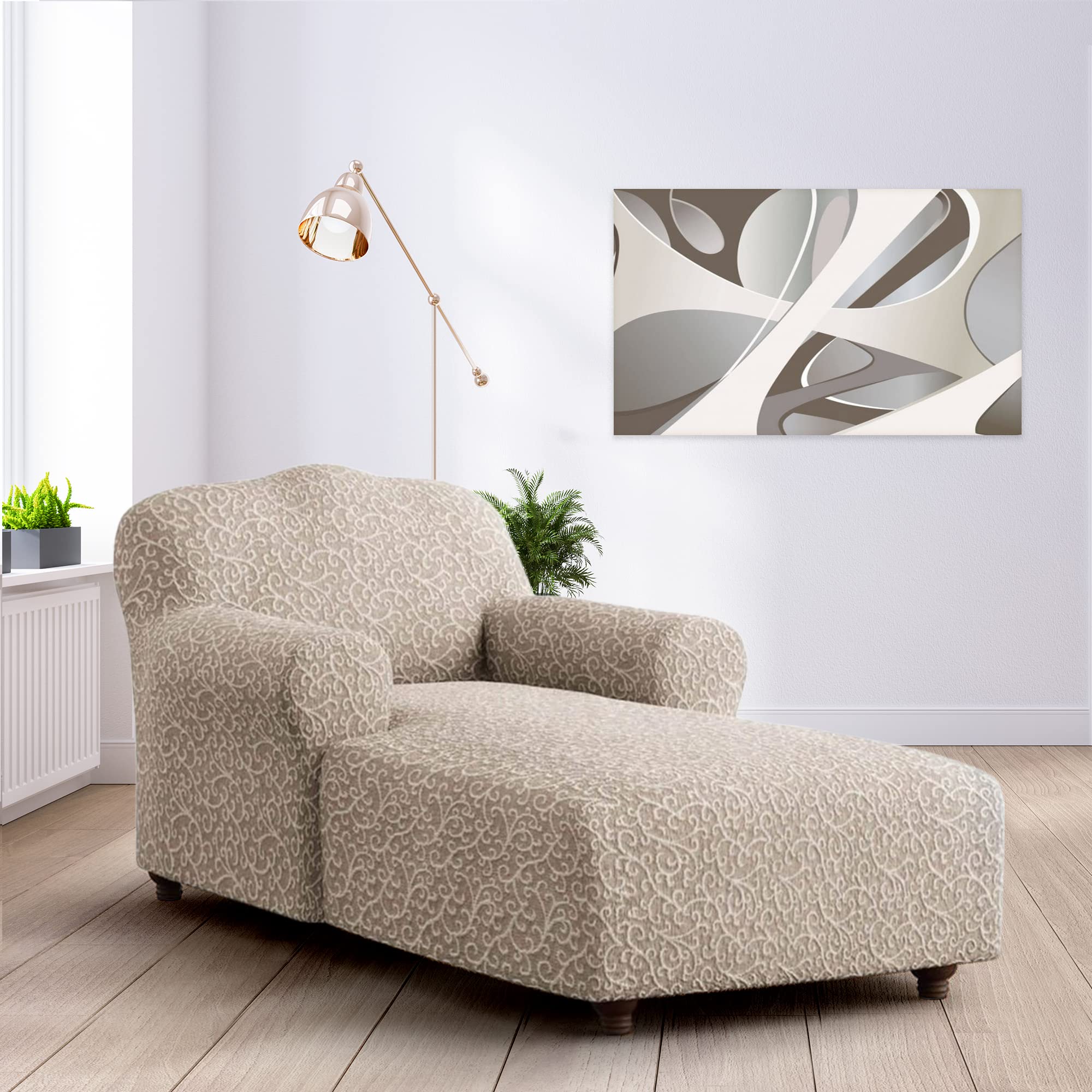 PAULATO BY GA.I.CO. Chaise Lounge Cover - Stretch Jacquard Sofa Slipcover - Soft Fabric Furniture Protector - 1-Piece Form Fit for Chaise Sofa - Beige Arabesco Design | Perfect for Living Room, Patio & Outdoor Furniture Protection