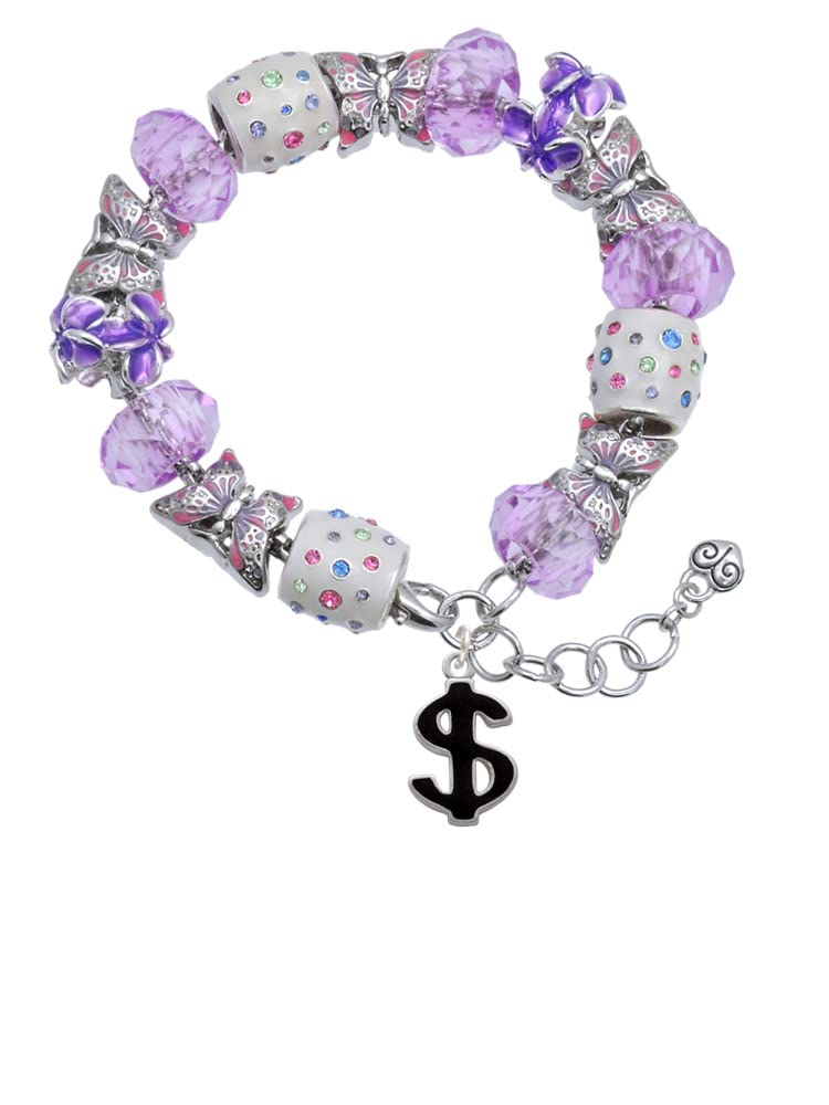 Delight Jewelry Silvertone Black Dollar Sign Purple Butterfly Bead Charm Bracelet with 7