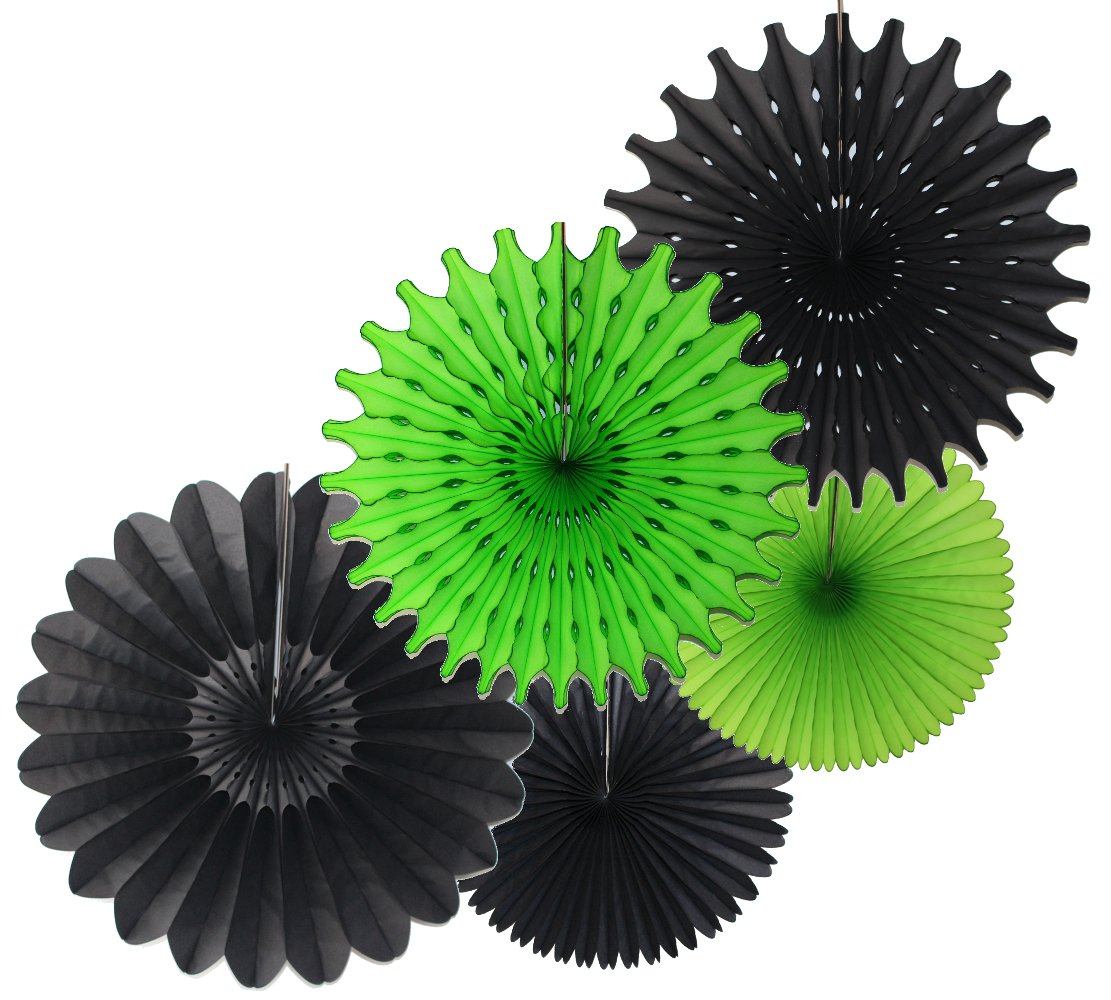 5-Piece Black Lime Tissue Paper Fans for Gamers - Perfect for Gaming Room Decor, Party Supplies & Cosplay Accessories