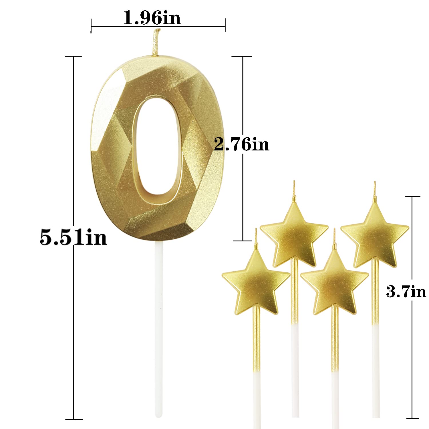 Golden Number 0 Birthday Candles - 2.76 Inch 3D Diamond Shaped Cake Candles with Stars for Birthday Parties, Anniversaries & Special Celebrations - Perfect for Cake Decorations & Festive Occasions (Gold)
