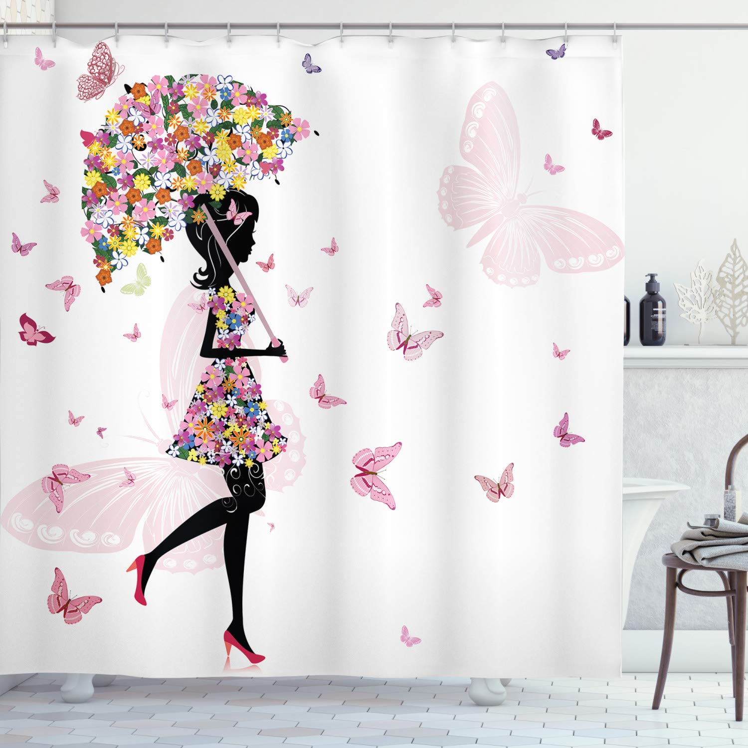 Ambesonne Feminine Shower Curtain - Floral Umbrella Girl with Butterflies Design, Waterproof Polyester Fabric Bathroom Decor Set with Hooks, 69x75 Inches, Black & Pink - Perfect for Women's Bathroom, Girls' Room Decor & Vintage Style Home Decor