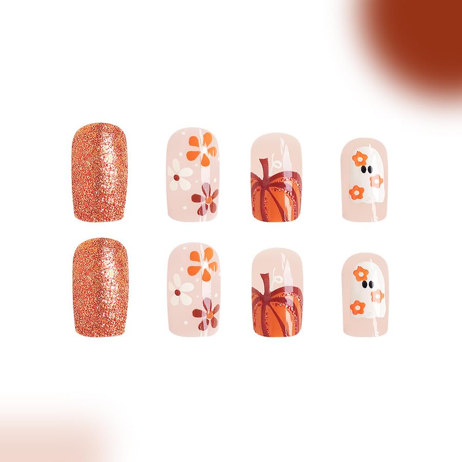 48Pcs Halloween Press on Nails Short Square Glitter Fake Nails - Cute Pumpkin Ghost Flower Acrylic Full Cover Stick on Nails - Reusable with Glue - Perfect for Women's Halloween Nail Art, Parties, Costume Events & Fall Festivals