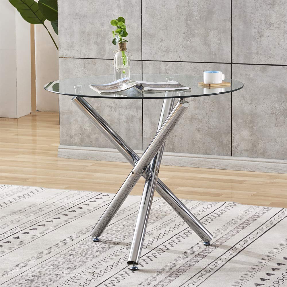 5-Piece Round Glass Dining Table Set with Black Faux Leather Chairs for 4 - Space-Saving Kitchen & Small Apartment Furniture (1 Table + 4 Chairs) | Perfect for Breakfast Nook, Compact Dining Areas & Cozy Meals