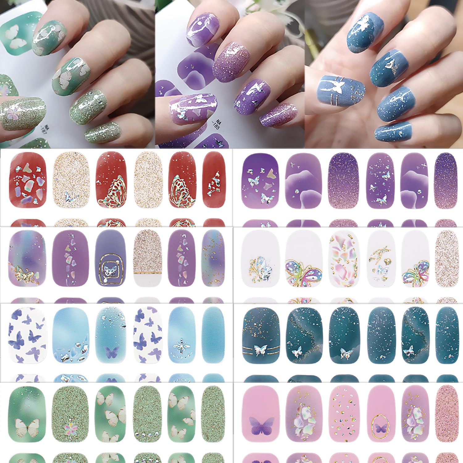 8 Sheets Butterfly Semi Cured Gel Nail Strips - Colorful Glitter Nail Stickers with Marble Pattern | DIY Full Nail Wraps for Women | Perfect for Home Manicures, Parties & Nail Art Decorations