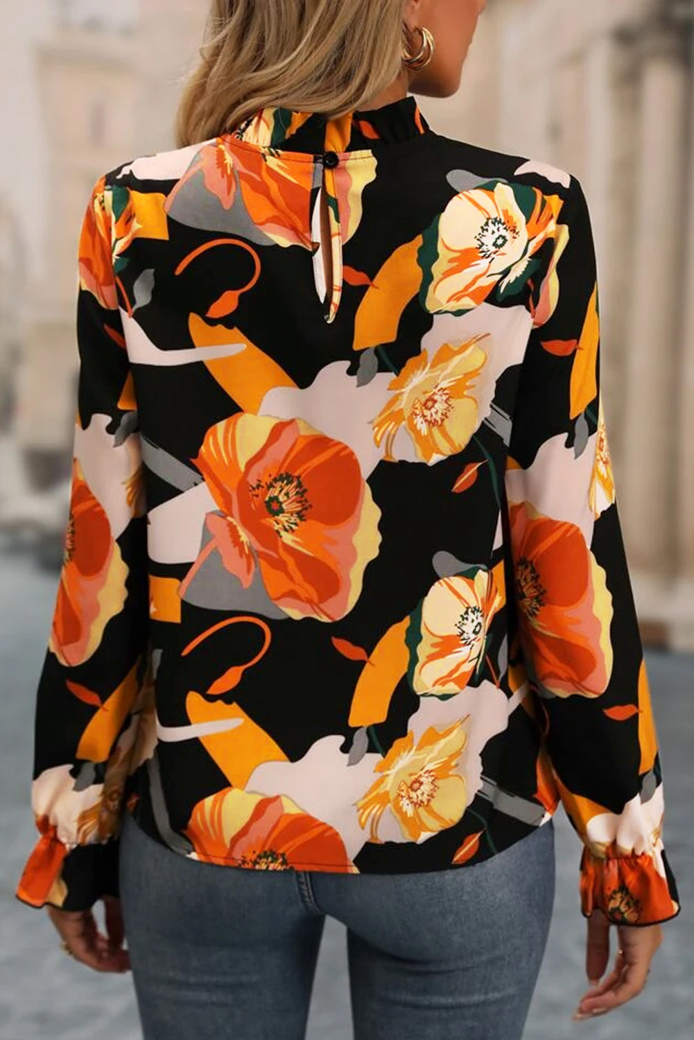 Floral Print Mock Neck Blouse with Flounce Sleeves - Elegant Women's Tops for Office, Party & Date Night Outfits