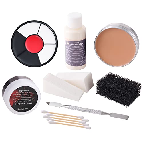 Liquid Latex+ Fake Blood Gel+ Scar Wax+ 3 Colors Clown Wheel+ Sponges+ Spatula+ Cotton Swabs Kit