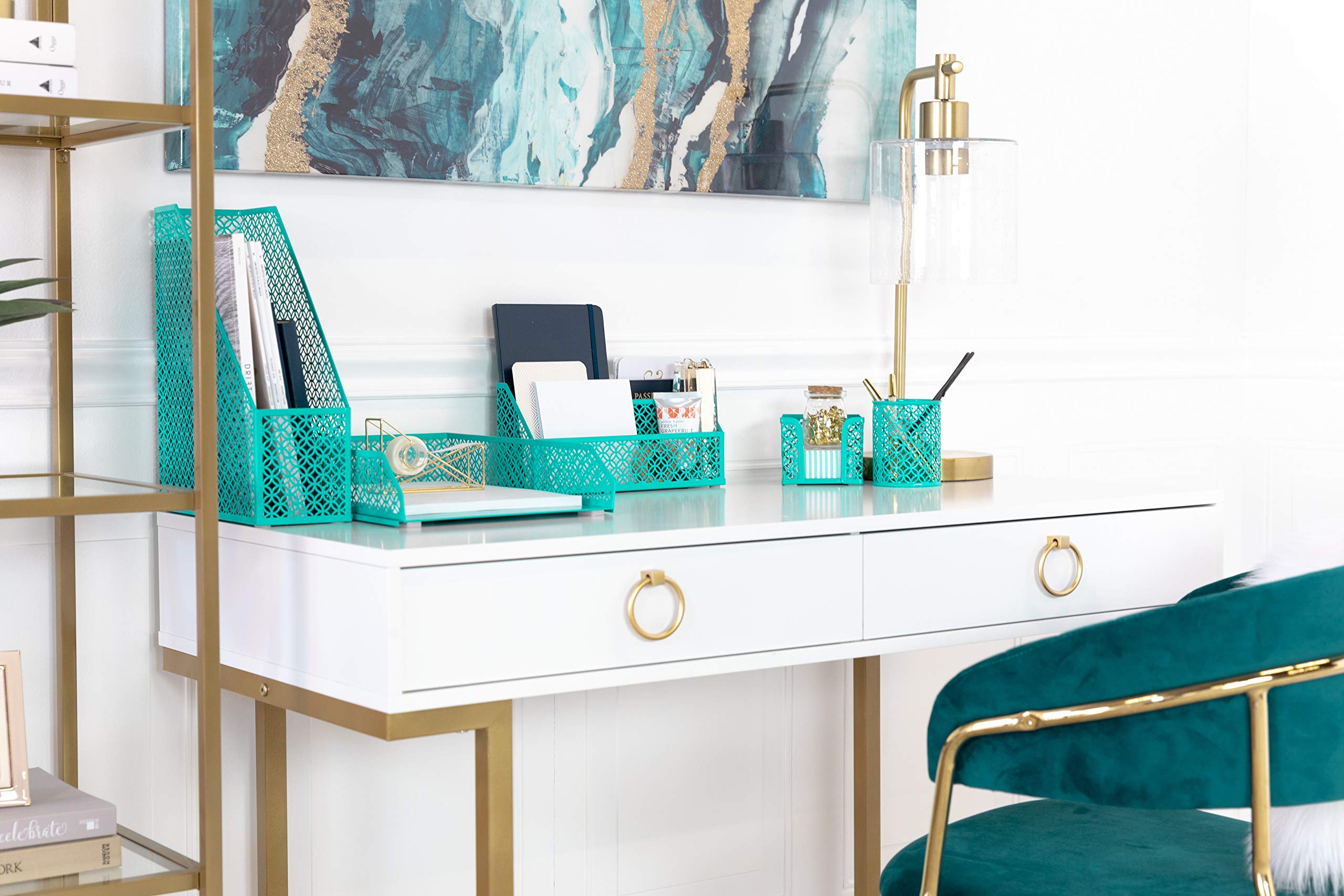 BLU MONACO 5-Piece Dark Teal Desk Organizer Set - Stylish Office Desk Accessories for Women - Premium Desktop Organization - Perfect for Home Office, Workstation & Study Desk Organization