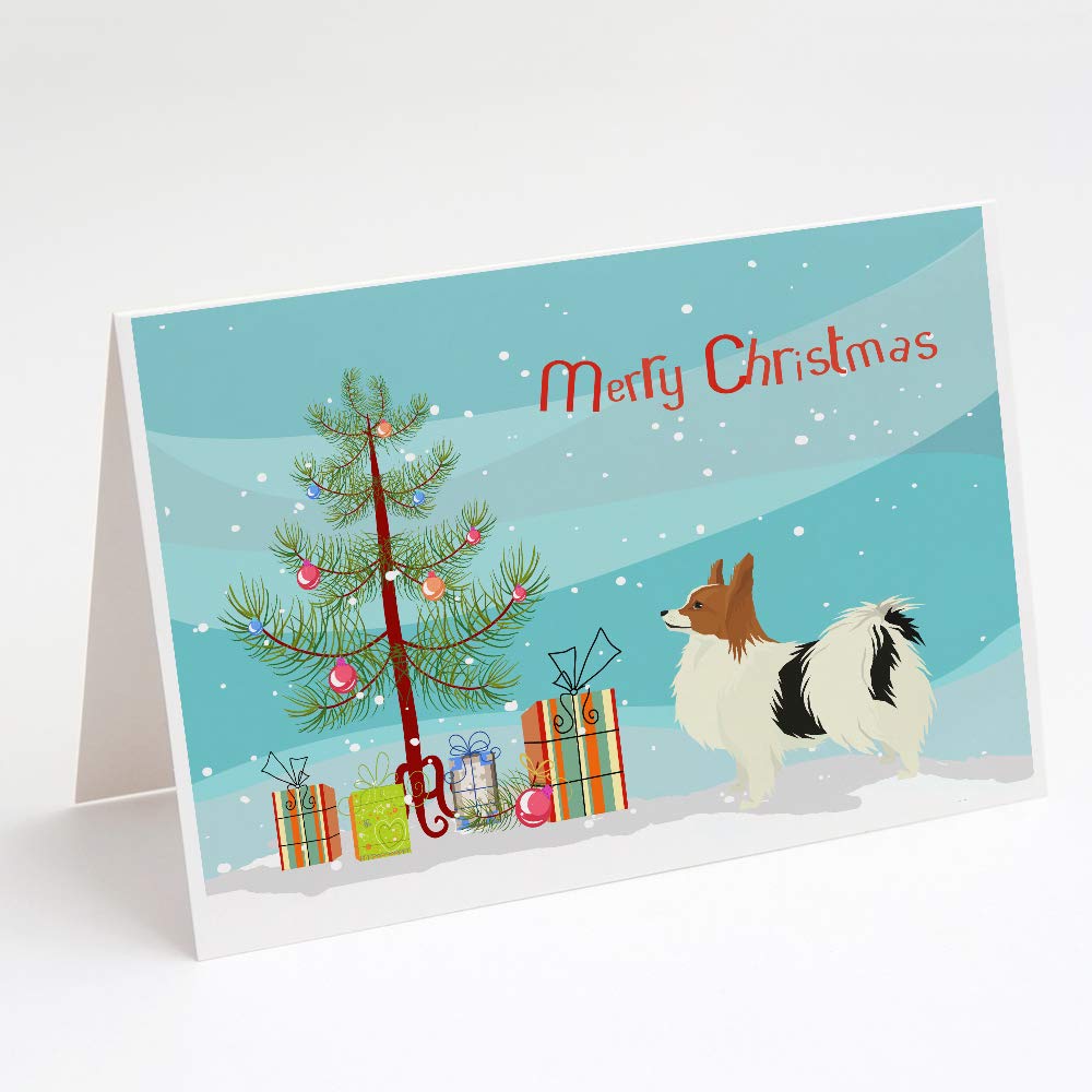 Caroline's Treasures CK3553GCA7P Papillon Christmas Tree Blank Greeting Cards - Pack of 8 A7 Size 5x7 Note Cards with Envelopes | Whimsical Holiday Stationery for Christmas Greetings, Party Invitations & Festive Correspondence