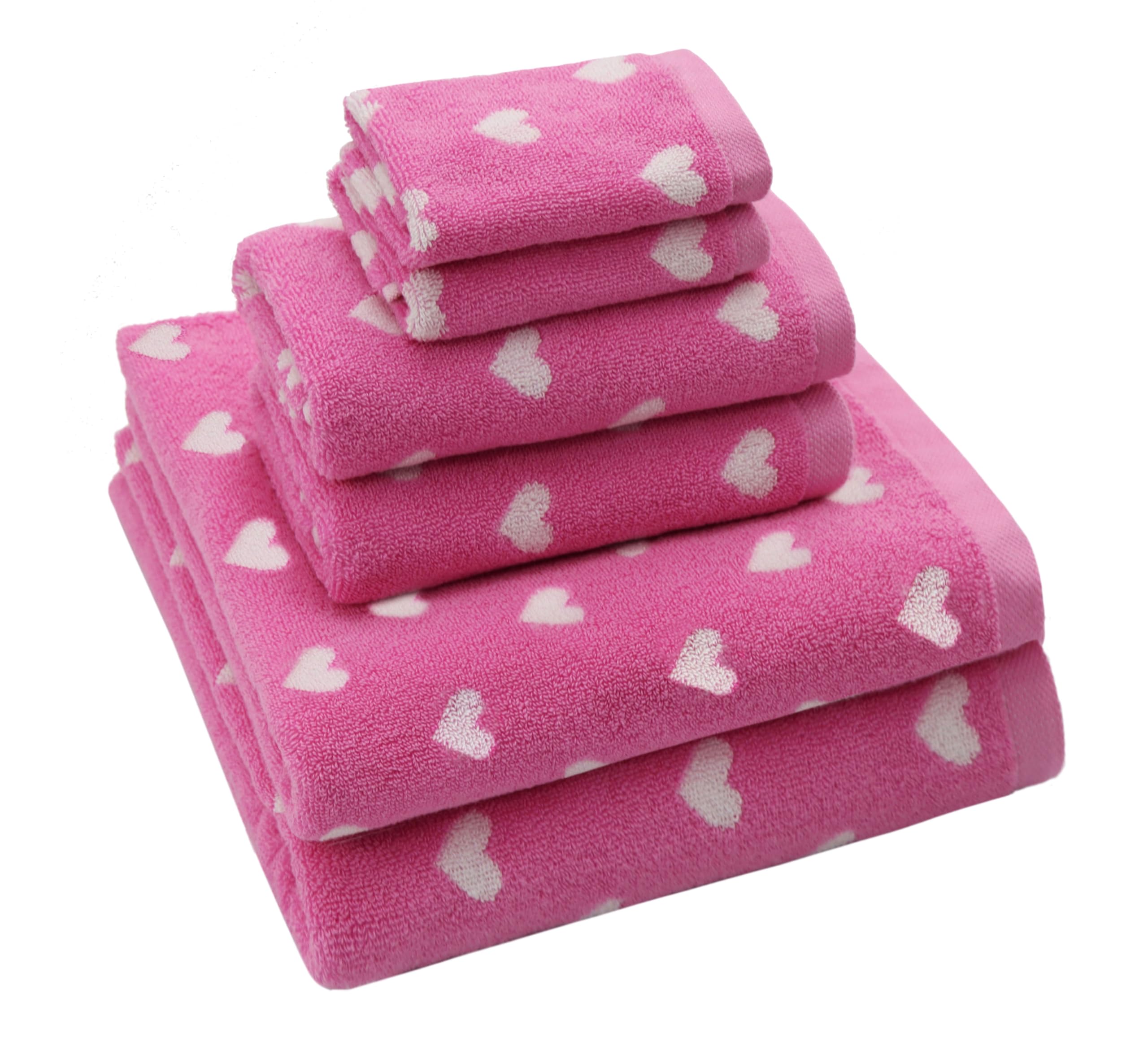 ORIGINAL KIDS 6-Piece Bath Towel Set - 2 Bath Towels, 2 Hand Towels & 2 Washcloths with Bonus Tote Bag - 100% Cotton Jacquard Soft Absorbent Towels for Kids - Pink & White Hearts Design - Perfect for Bath Time, Pool, Beach & Gift Giving