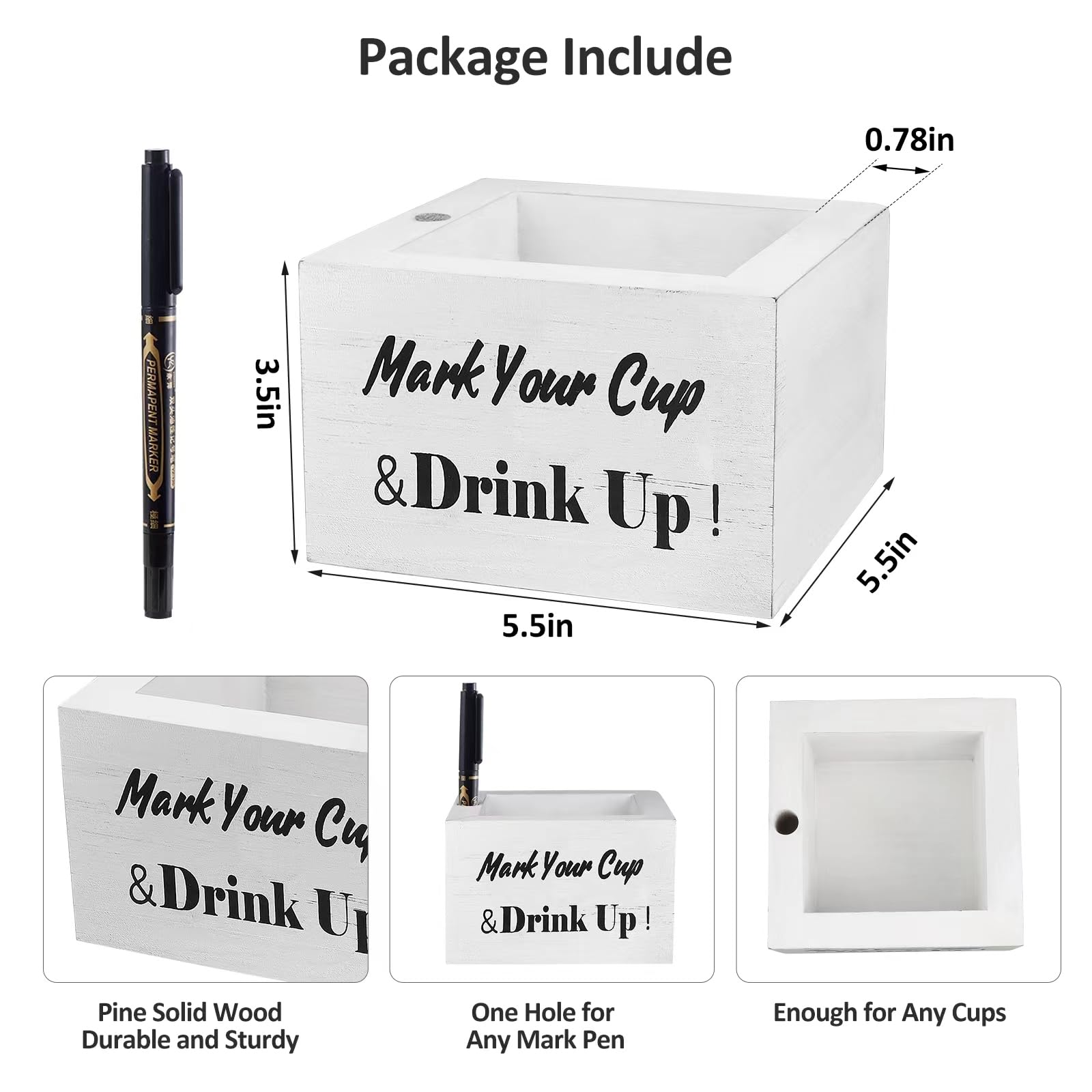 Rustic Wooden Cup Holder with Marker Slot - Disposable Party & Wedding Cup Holder for Bar, Kitchen, Countertop, Home & Office - Perfect for Events, Gatherings, and Daily Use (White)