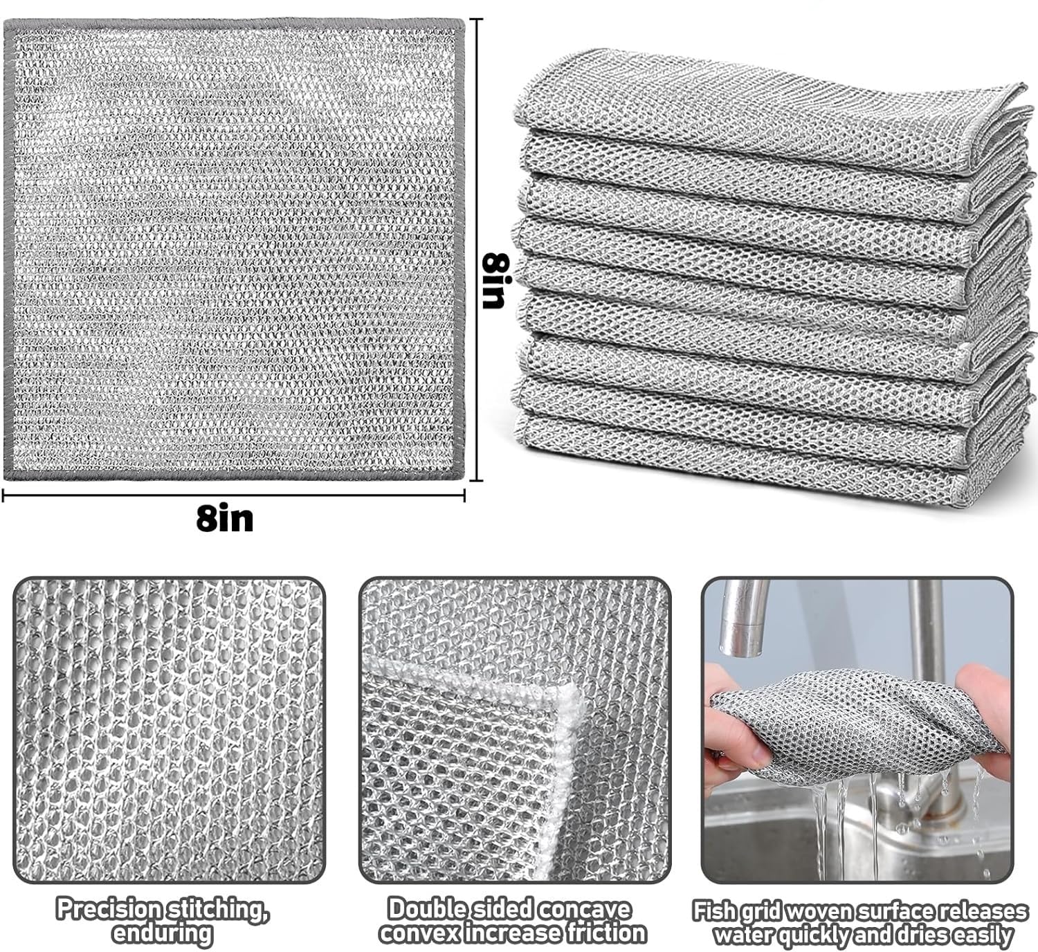 Premium Non-Scratch Wire Dish Cloths - 3 Pack Multipurpose Kitchen Cleaning Rags for Wet & Dry Use | Gentle on Dishes, Countertops, Sinks | Ideal for Washing, Scrubbing & Polishing