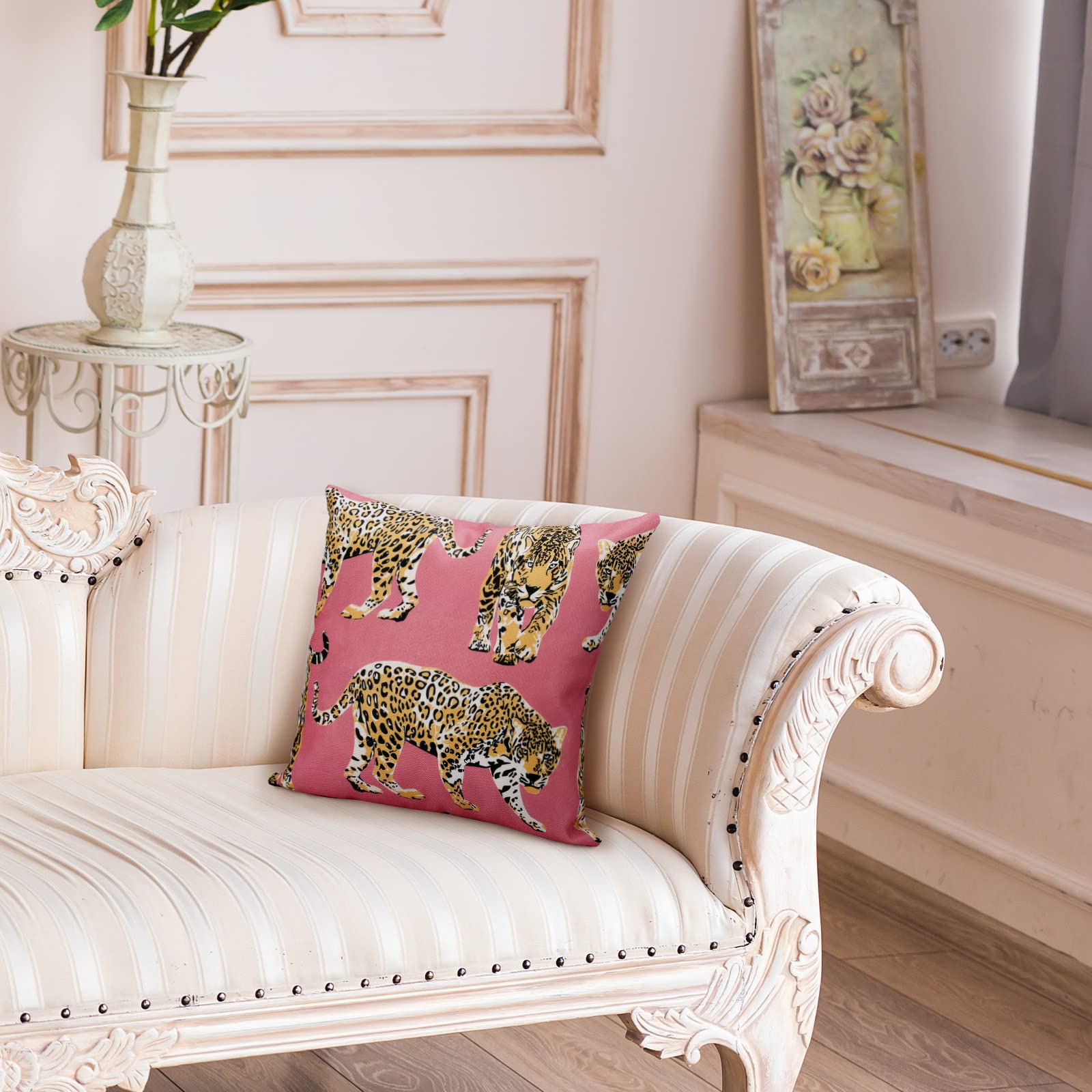 Buryeah 2 Pack Leopard Print Throw Pillow Covers 18x18 Inch - Trendy Cheetah & Tiger Pattern Decorative Pillow Cases for Sofa, Living Room, Bedroom - Hot Pink Funky Preppy Home Decor for Girls Room, Dorm, Lounge