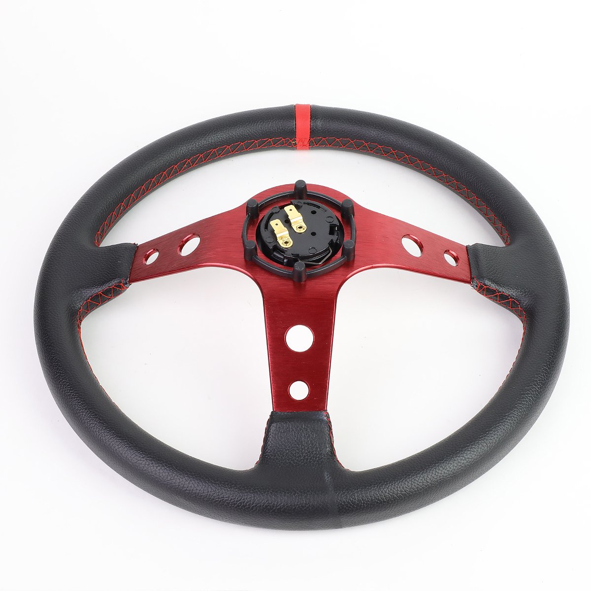 Auto Dynasty 350mm Red 6-Bolt Racing Steering Wheel with Red Stitched PVC Leather - Perfect for Drift, Track & Street Racing Cars