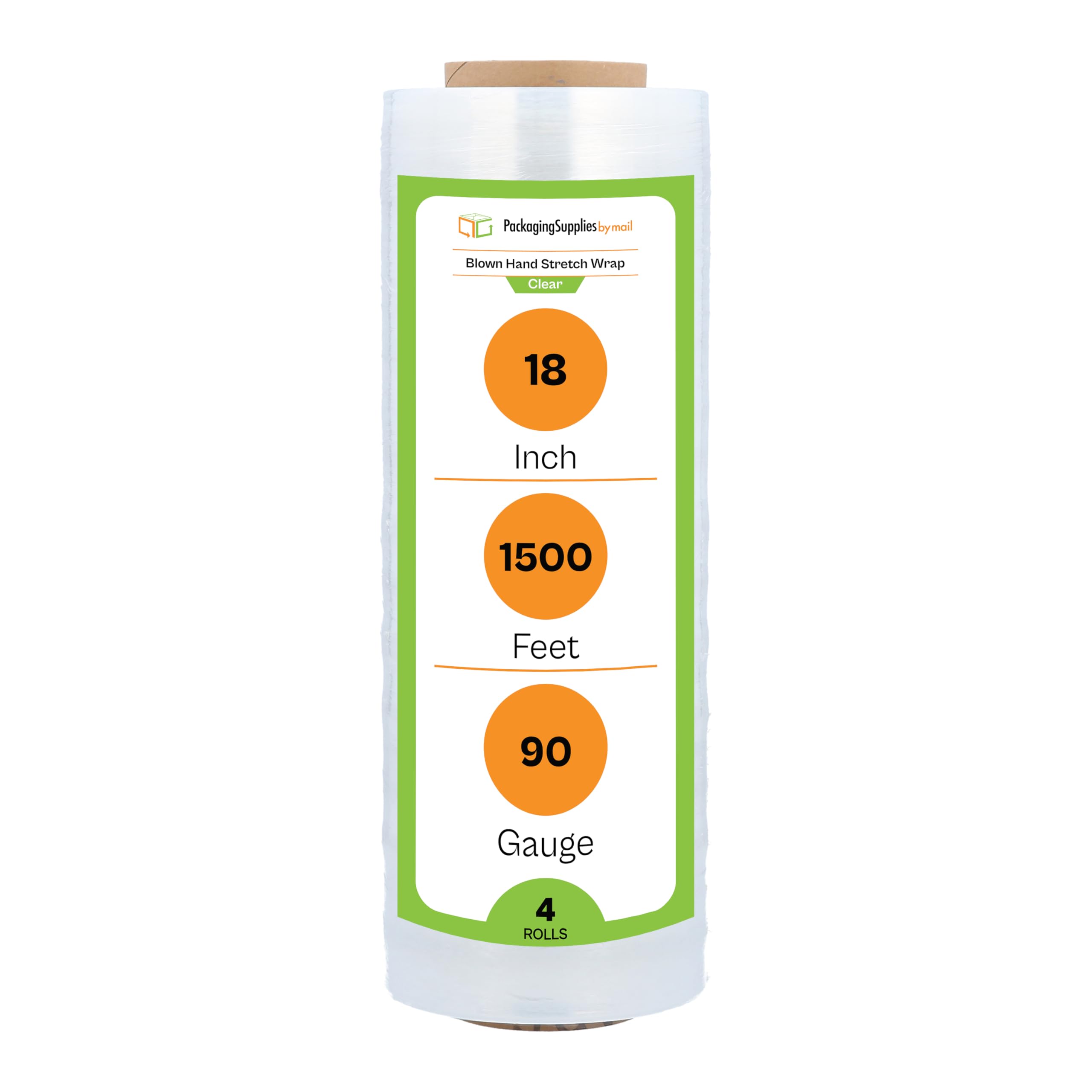 PSBM Stretch Wrap - 4 Pack, 18 Inch x 1500 Feet, 90 Gauge Clear Plastic Cling Film for Packaging, Moving & Pallet Wrapping | Heavy Duty Hand Stretch Film Rolls for Secure Shipping & Storage