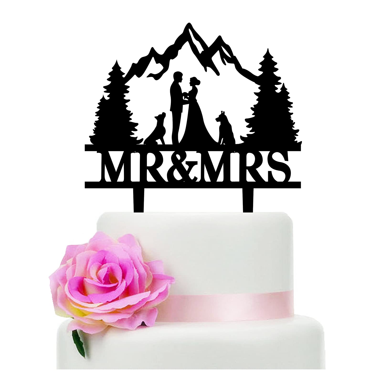 Mountain Wedding Cake Topper - Mr & Mrs Forest Theme Cake Decorations for Outdoor Weddings (Mountain and Dog Design) - Perfect for Rustic, Nature-Inspired & Adventure-Themed Weddings