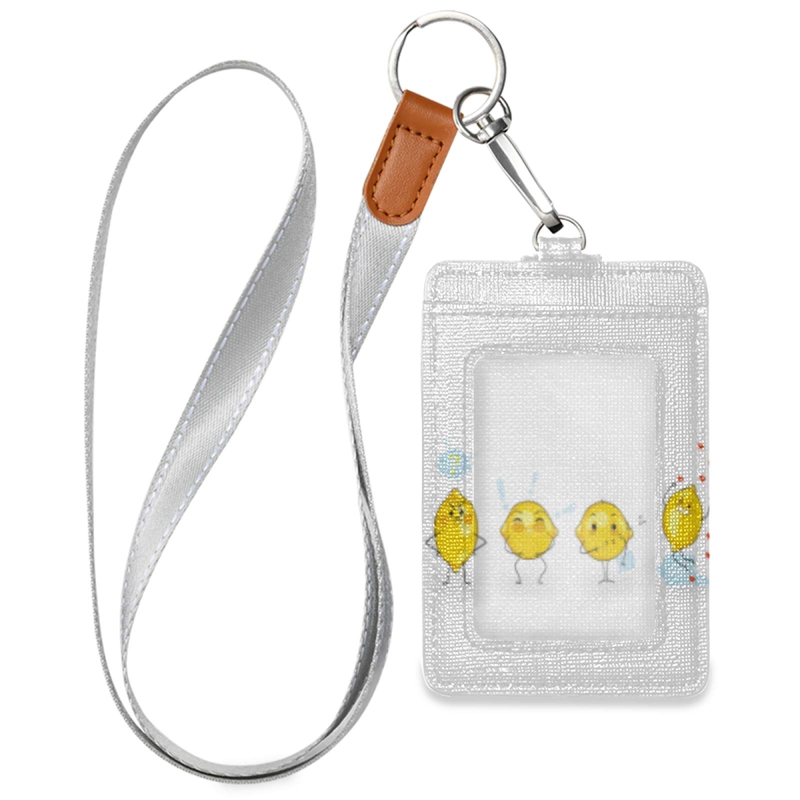Tarity Lemon Cartoon ID Badge Holder with Lanyard - Vertical Leather Name Tag for Office & School Staff