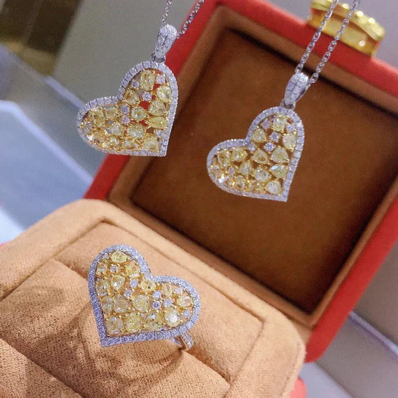 18K White Gold Real Yellow Diamond Heart Pendant Necklace for Women - 18 Inch Au750 Jewelry Set, Perfect Gift for Anniversary, Valentine's Day & Special Occasions
