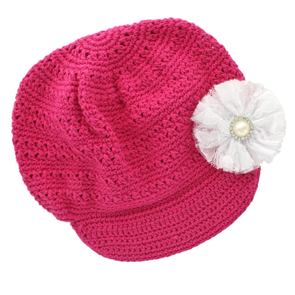 Vintage Lace Crochet Beanie Hat for Girls - Newsboy Style with Tulle Flower - Perfect for Winter, Holidays & Photo Shoots