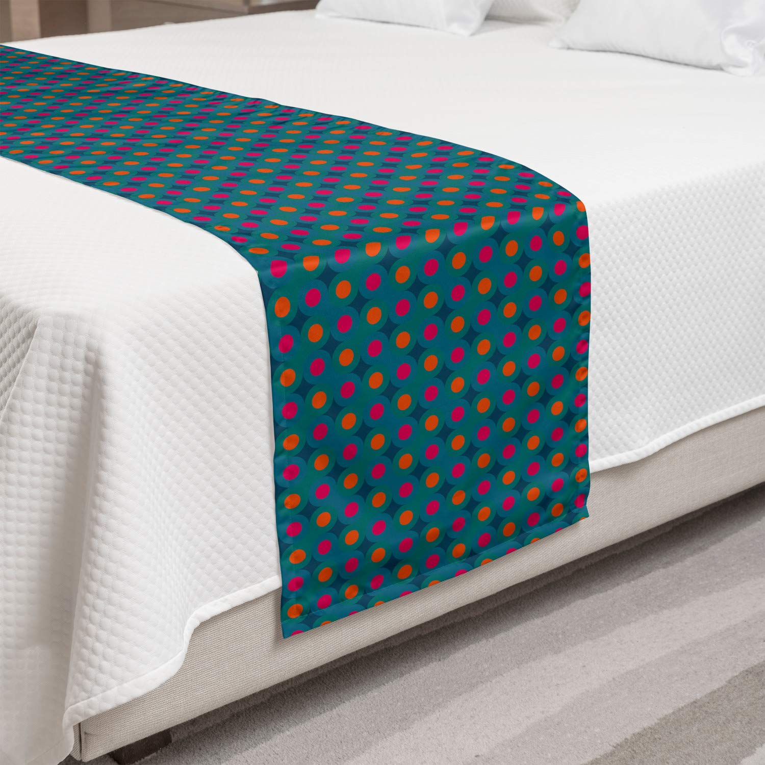 Ambesonne Abstract Bed Runner - Polka Dot Retro Design Decorative Bed Scarf for Queen Size Beds, Hotels & Guestrooms | Petrol Blue & Magenta | Perfect for Bohemian & Vintage Home Decor