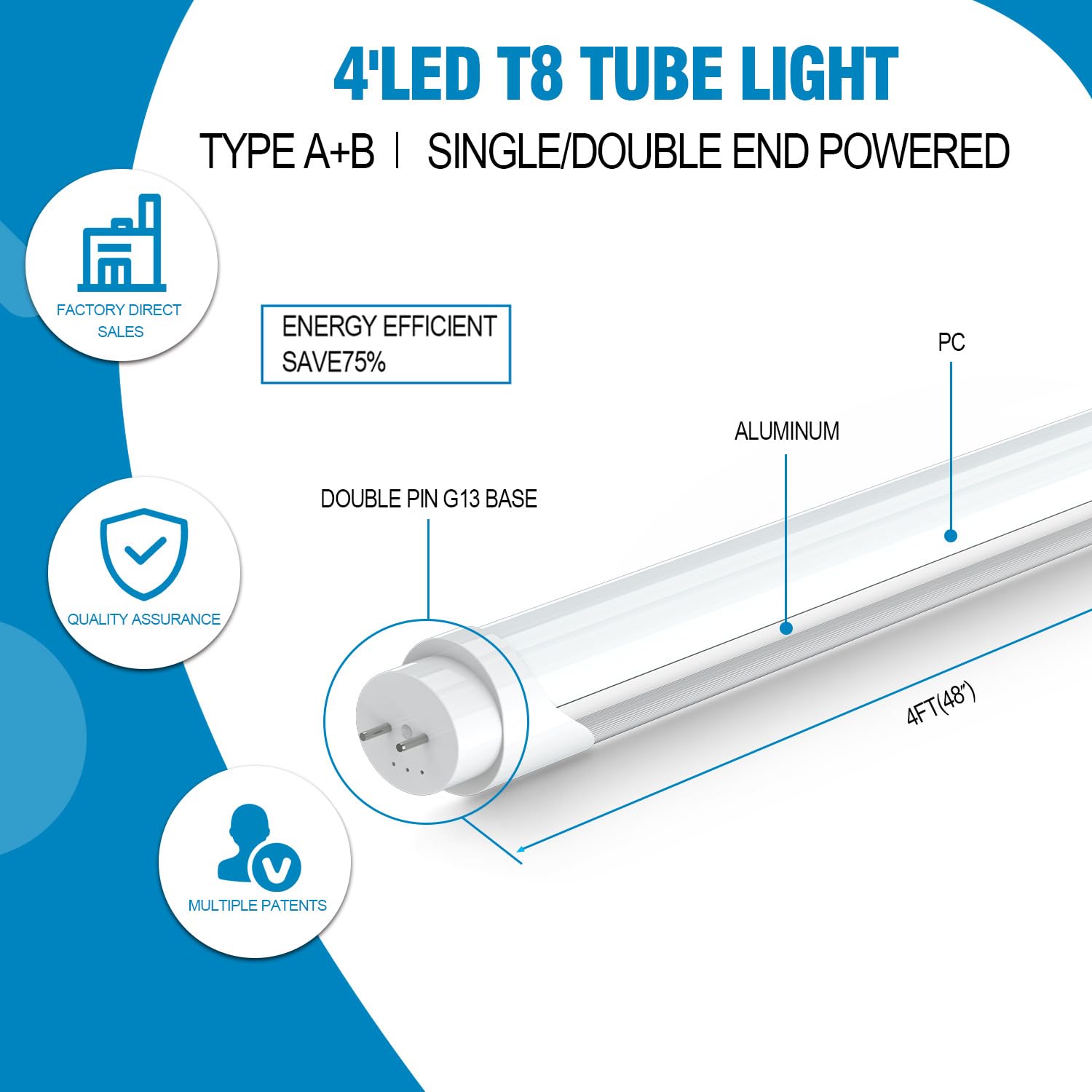 4FT T8 LED Tube Lights - Super Bright 24W 5000K 3120LM, T8/T12 Hybrid Type A+B Bulbs (6 Pack White), ETL & DLC Certified - Fluorescent Replacement for Office, Garage & Warehouse Lighting