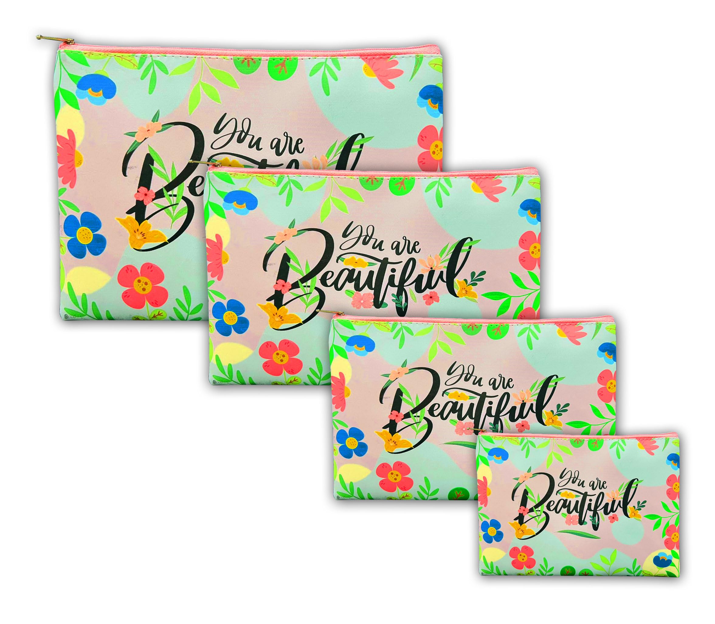 KOBBET® 4-Pack Floral Canvas Pouch Set - Multi-Purpose Cosmetic & Toiletry Bag for Women & Men, Large Capacity Travel Organizer for Makeup, Pencils, Coins & Beach Essentials - Perfect for Travel, Gym, School & Daily Use