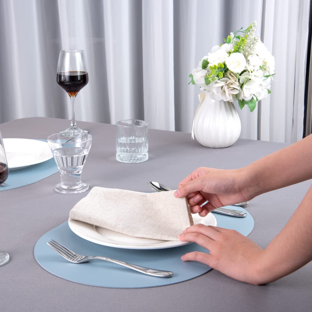 16 Inch Oval Vinyl Placemats Set of 6 - Stain-Resistant, Embossed Light Blue Table Mats with Leather-Like Feel - Protects Dining Table Surfaces - Perfect for Restaurants, Home Dining & Kitchen Decor
