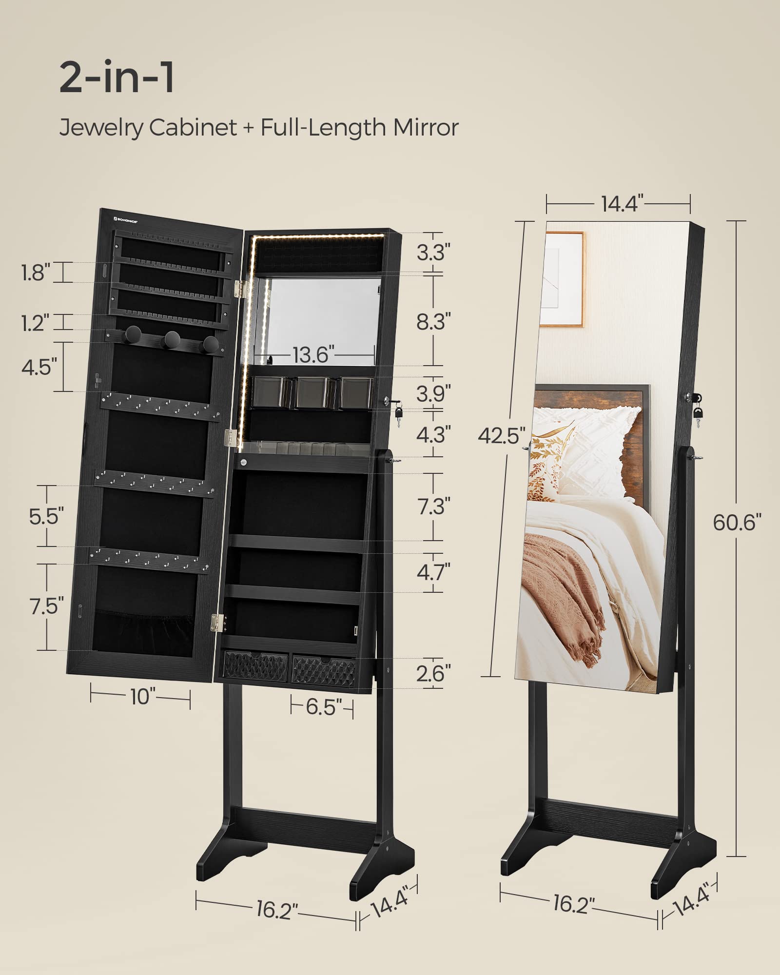 SONGMICS Full-Length LED Jewelry Cabinet with Mirror - Black Standing Armoire Organizer with 2 Drawers, Lockable Storage & Built-In Makeup Mirror | Perfect for Bedroom, Dressing Room & Closet Organization