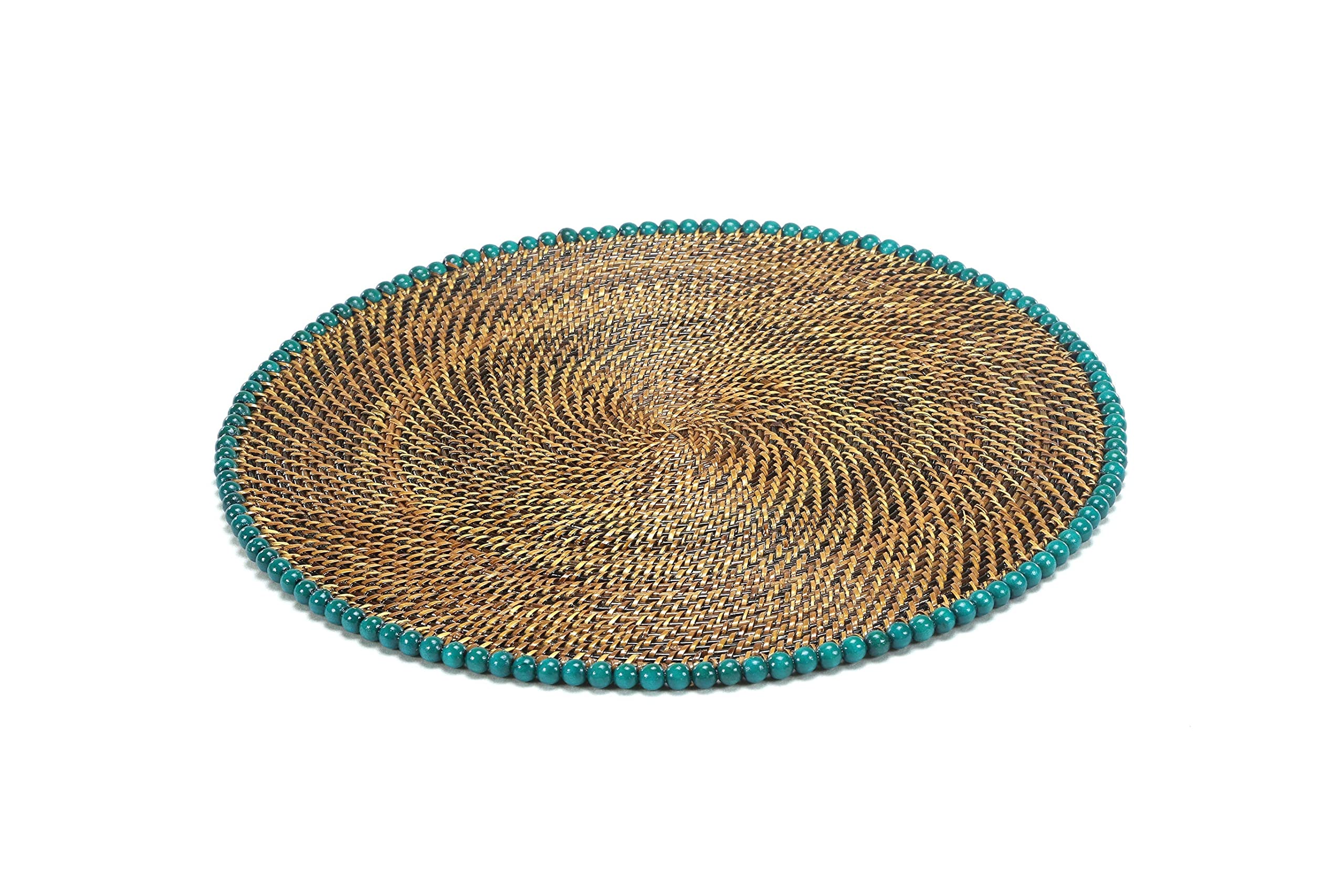Set of 4 Woven Round Bead-Rimmed Placemats - Sea Green Handmade Table Mats for Dining, Kitchen, or Party Decor - Imported Eco-Friendly Home Accessories