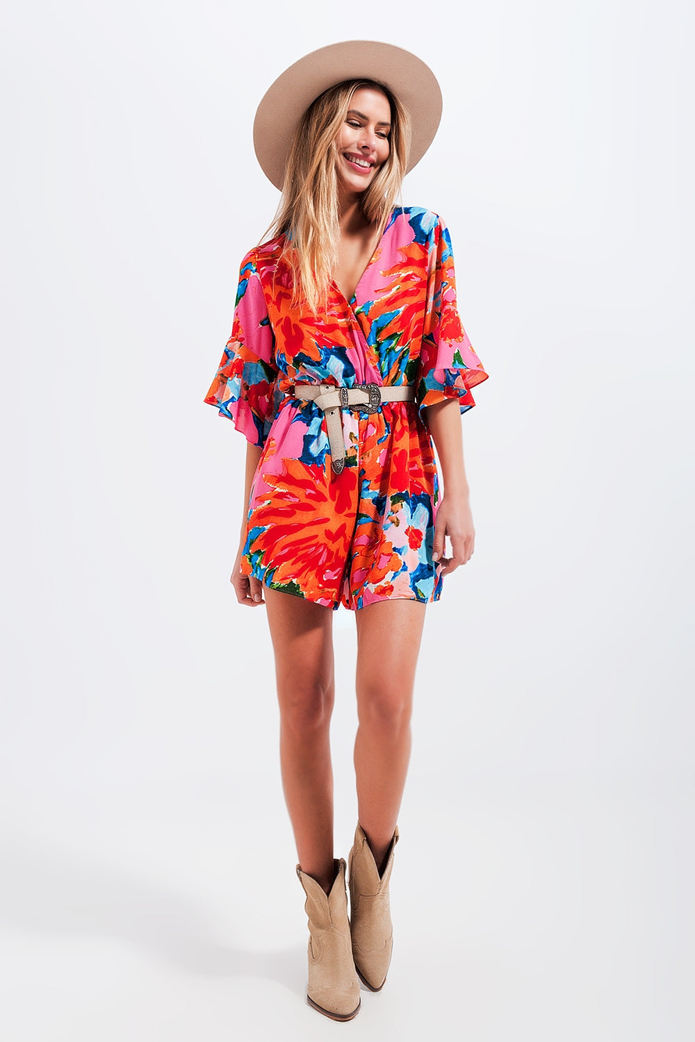 Floral Print Combishort with Heart Design - Stylish and Comfortable for Summer Outings, Beach Vacations, and Casual Wear