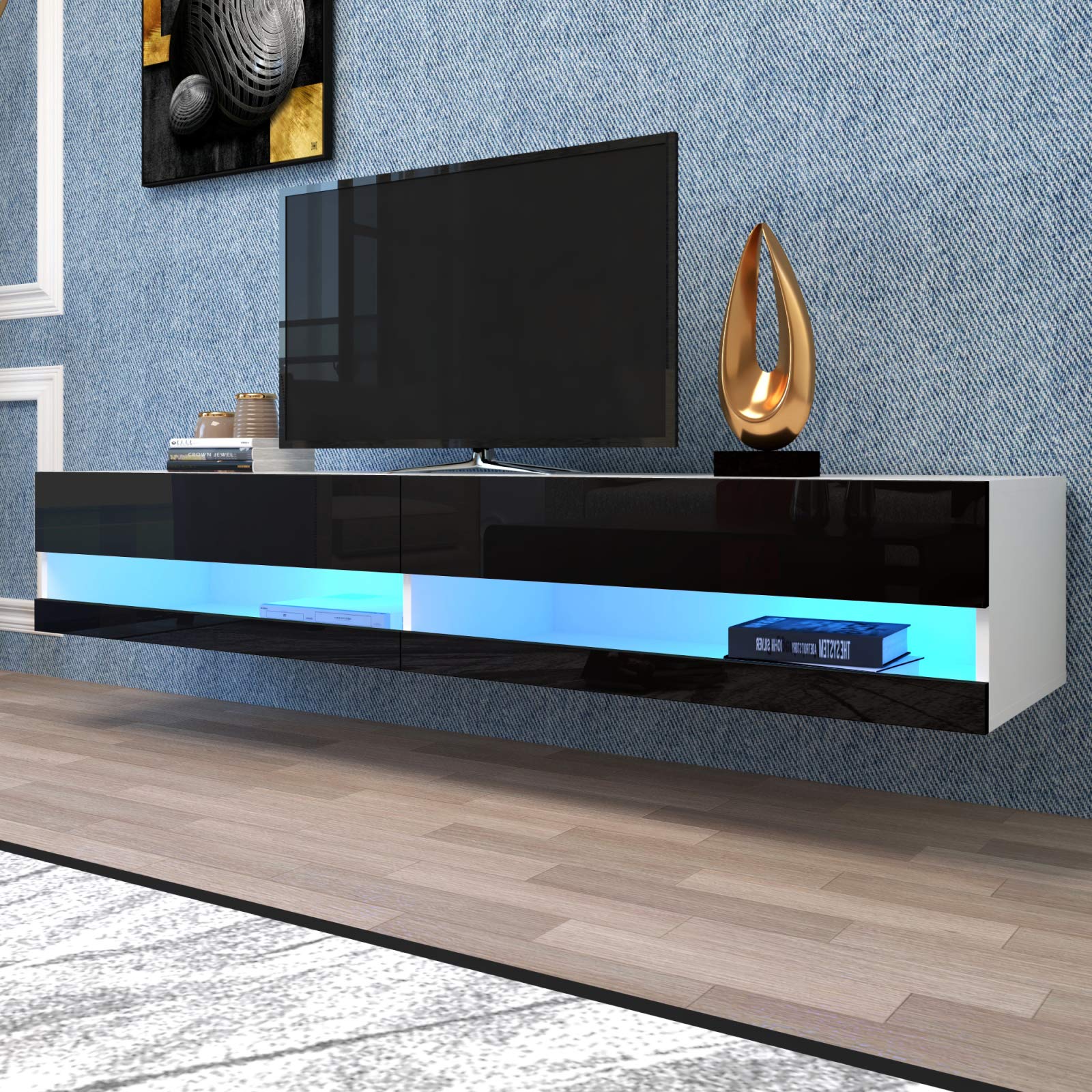 Floating TV Stand with LED Lights - Wall Mounted Entertainment Center with Large Storage Space for TVs Up to 80 Inch - Modern TV Console & Media Furniture for Living Room, Bedroom, Home Theater (Black)