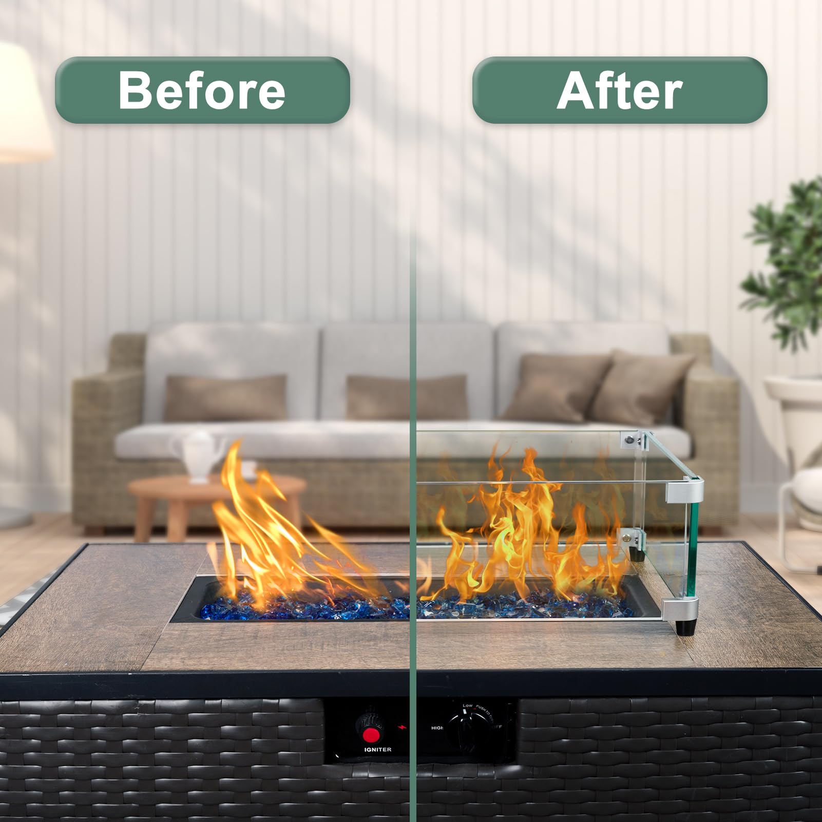GASPRO 45 x 15.5 Inch Tempered Glass Wind Guard for Rectangular Fire Pit Table - Heavy Duty Aluminum Frame with Corner Brackets & Feet - Easy Assembly for Outdoor Patio, Backyard, and Camping Use