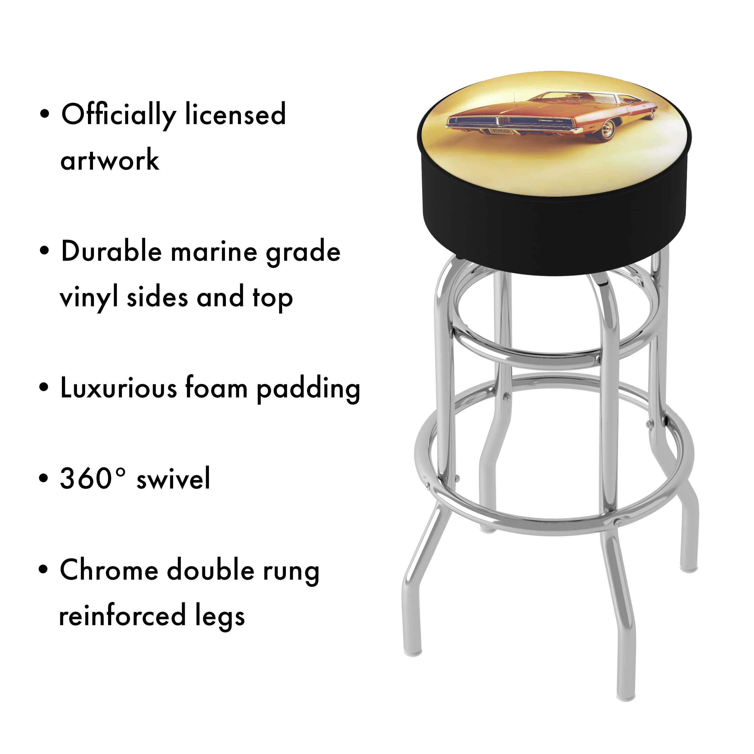 Trademark Gameroom 69 Charger Dodge Padded Swivel Bar Stool - Comfortable Adjustable Height Bar Stool for Home Bar, Game Room, and Kitchen Counter Use